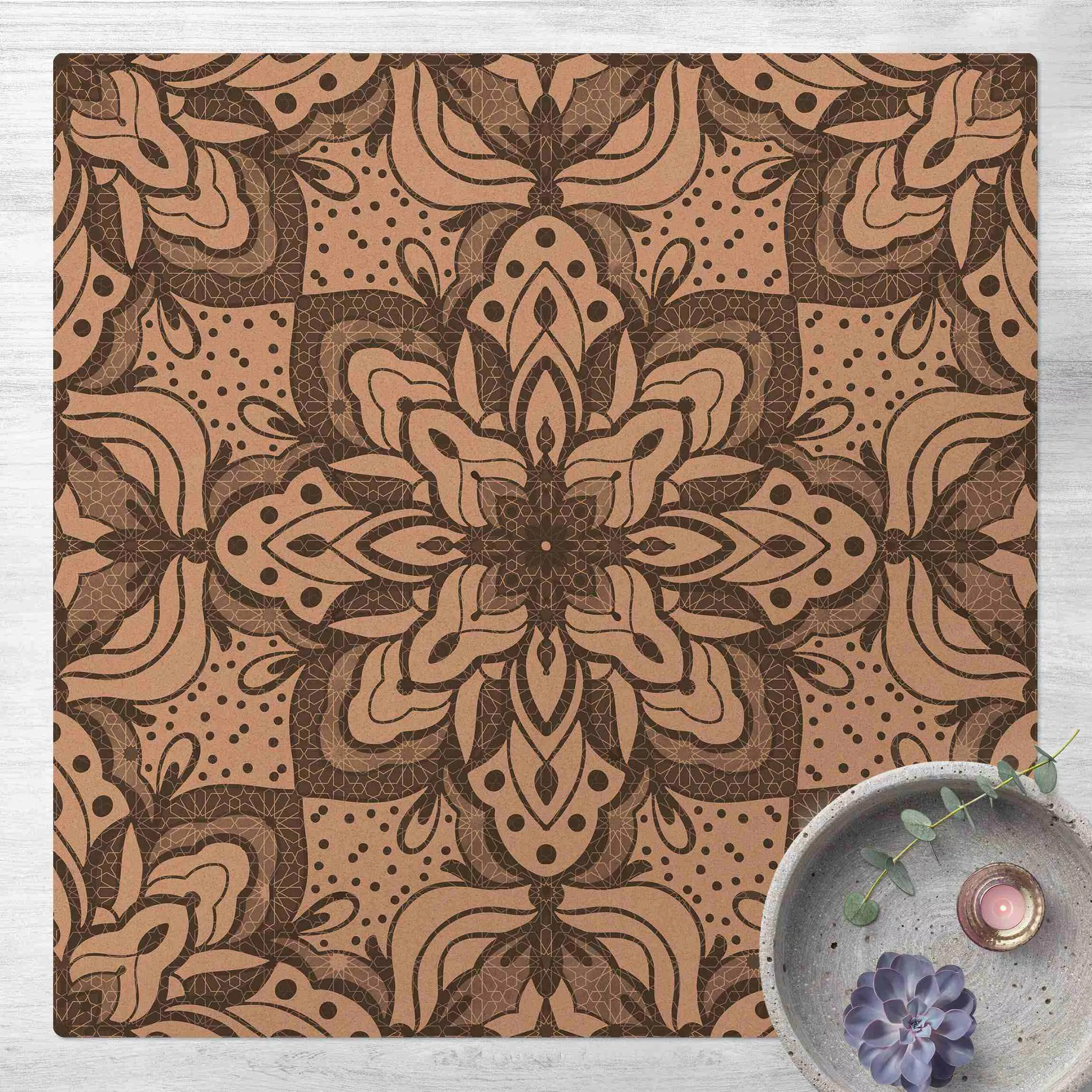 Kork-Teppich Mandala mit Raster und Punkten in Grau günstig online kaufen