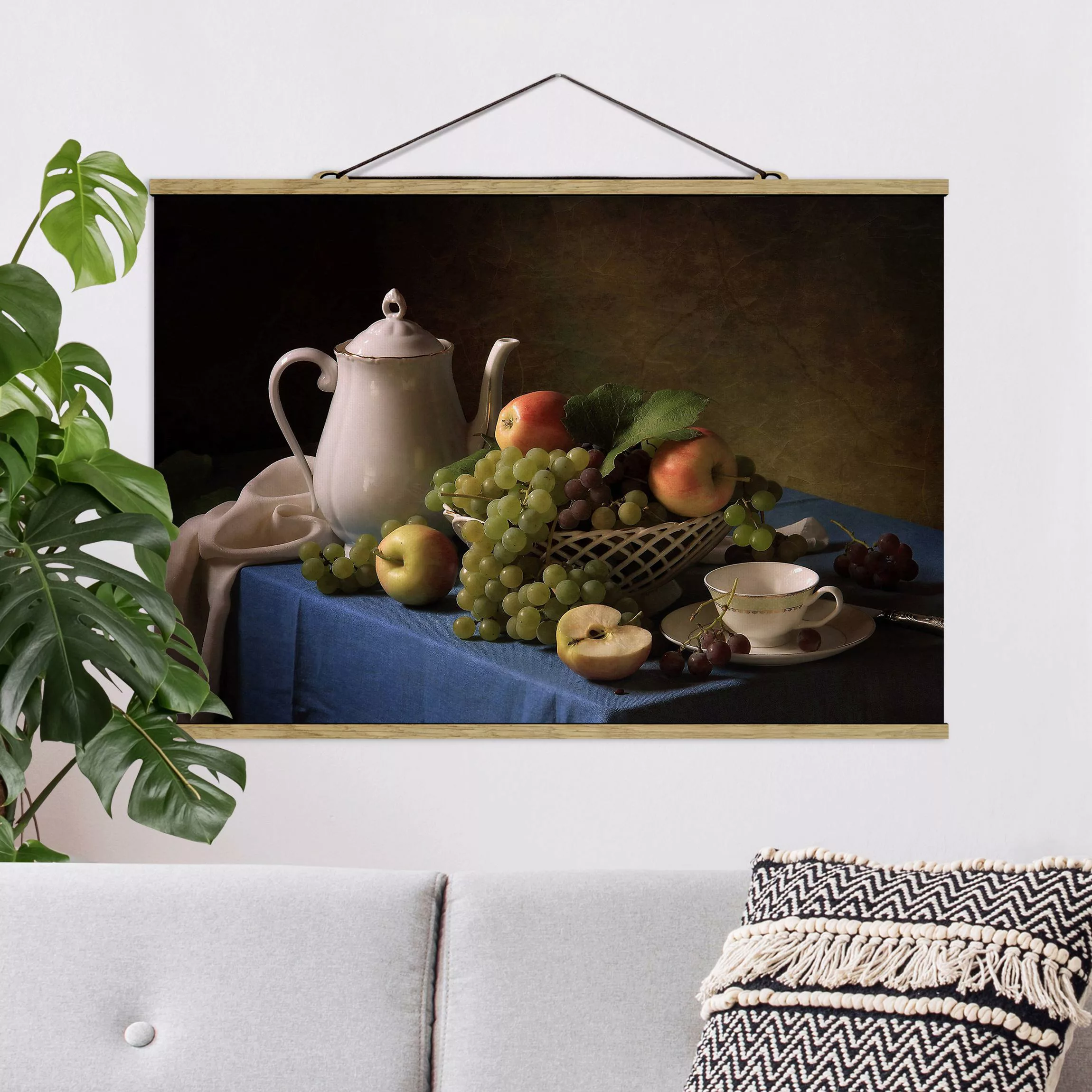 Stoffbild Küche mit Posterleisten - Querformat Stillleben mit Kaffeekanne günstig online kaufen