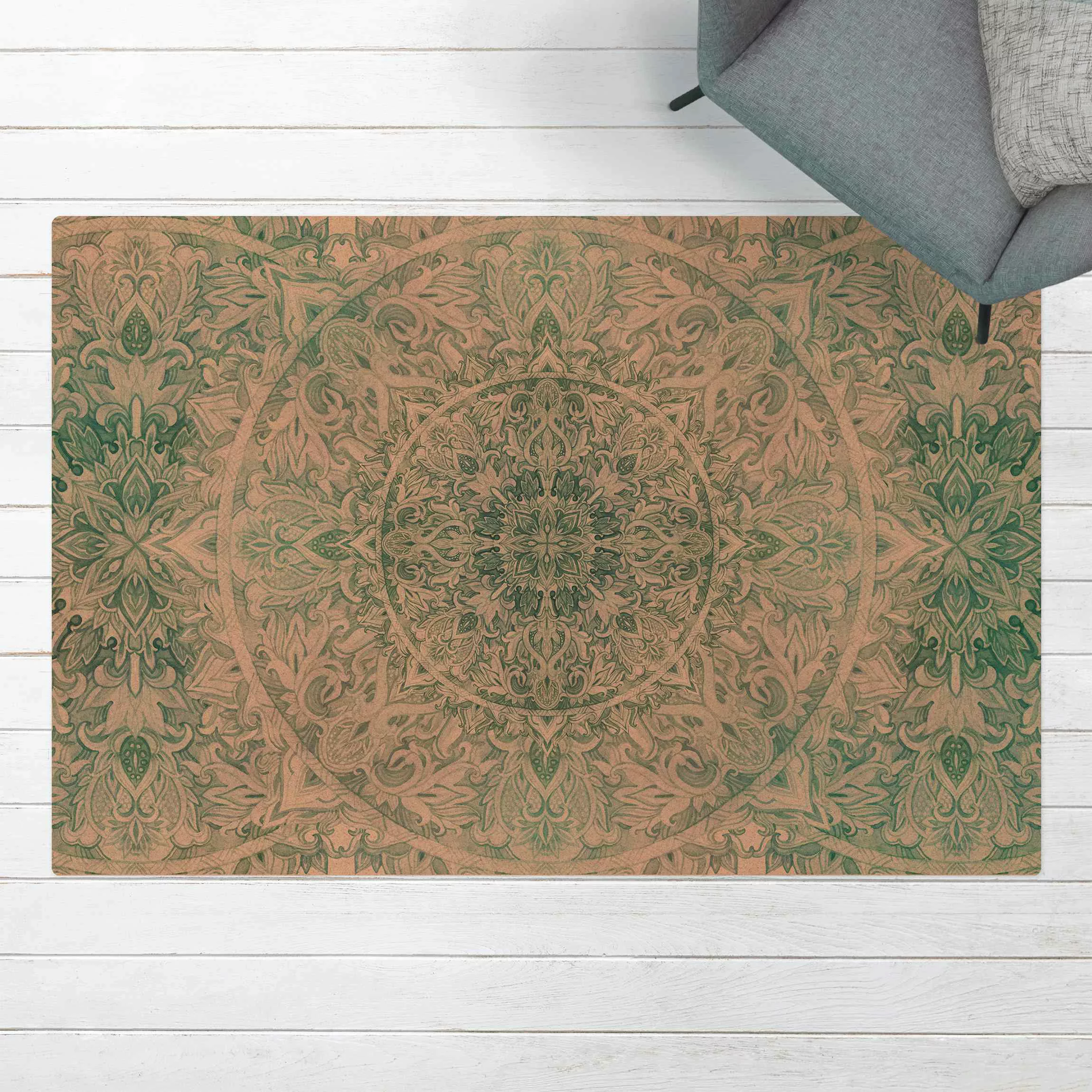 Kork-Teppich Mandala Aquarell Ornament Muster türkis günstig online kaufen