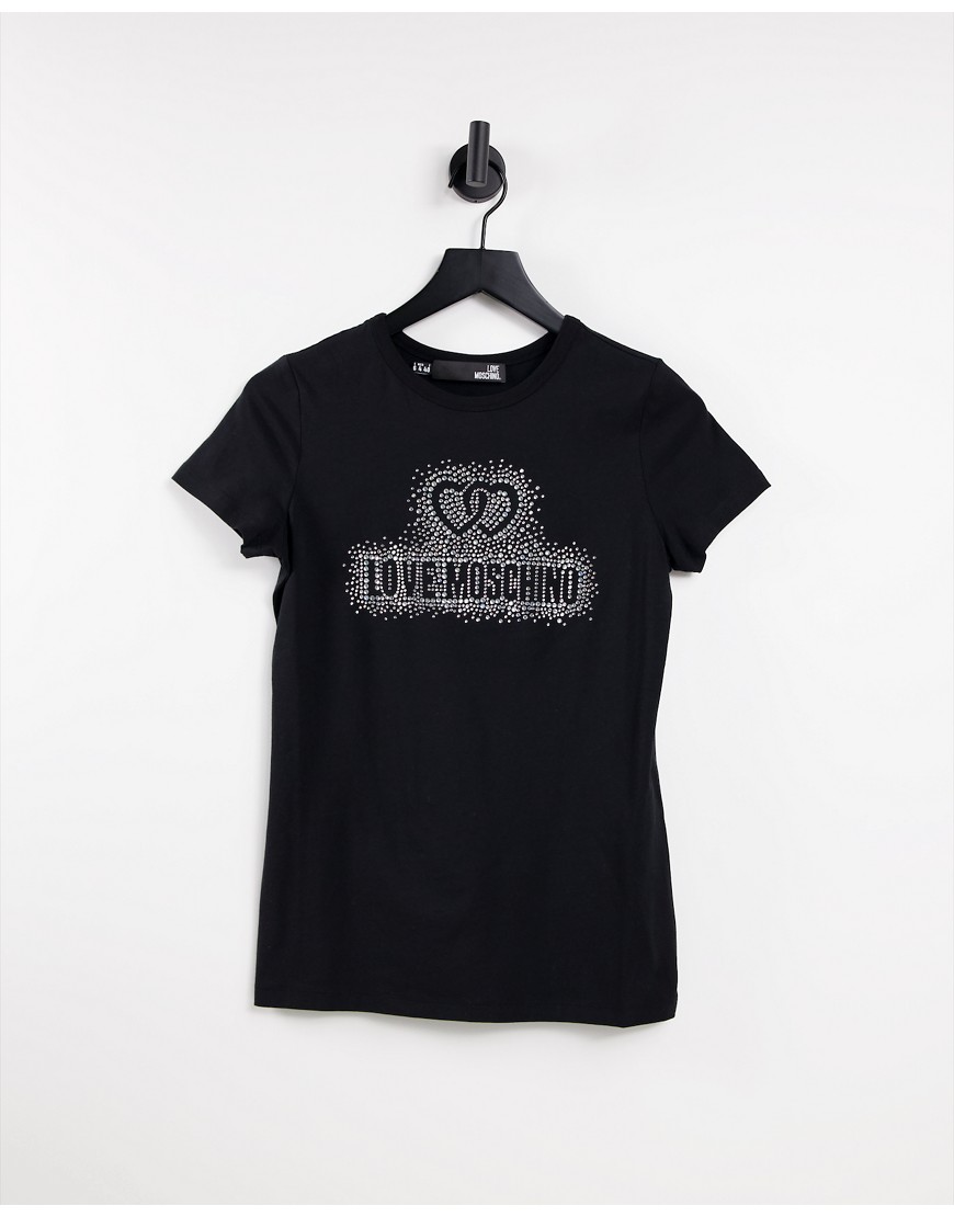 Love Moschino – Schwarzes T-Shirt mit strassverziertem Logo günstig online kaufen