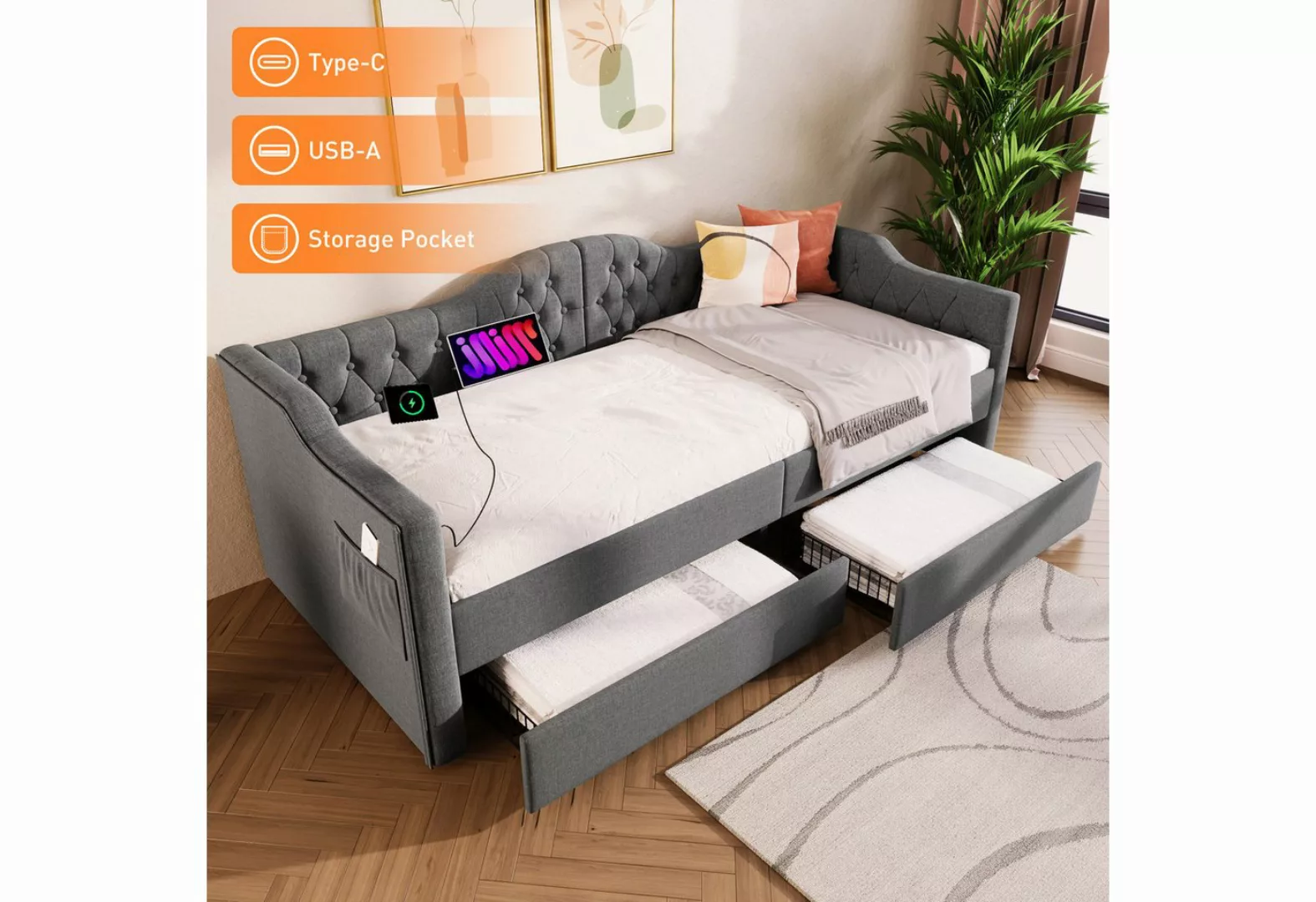 OKWISH Daybett Tagesbett Schlafsofa (90x190cm), mit USB Type C Ladefunktion günstig online kaufen
