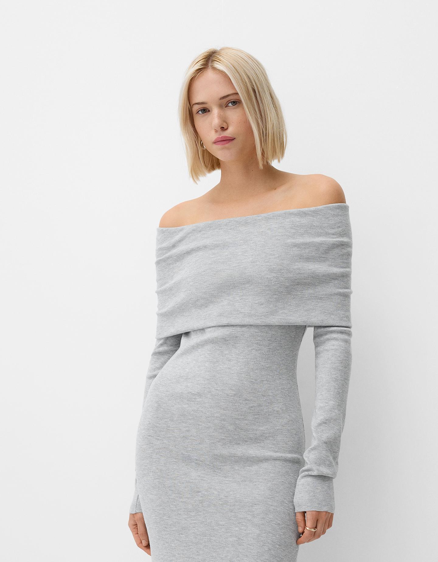 Bershka Strick-Midikleid Mit Carmen-Ausschnitt Damen L Grau günstig online kaufen