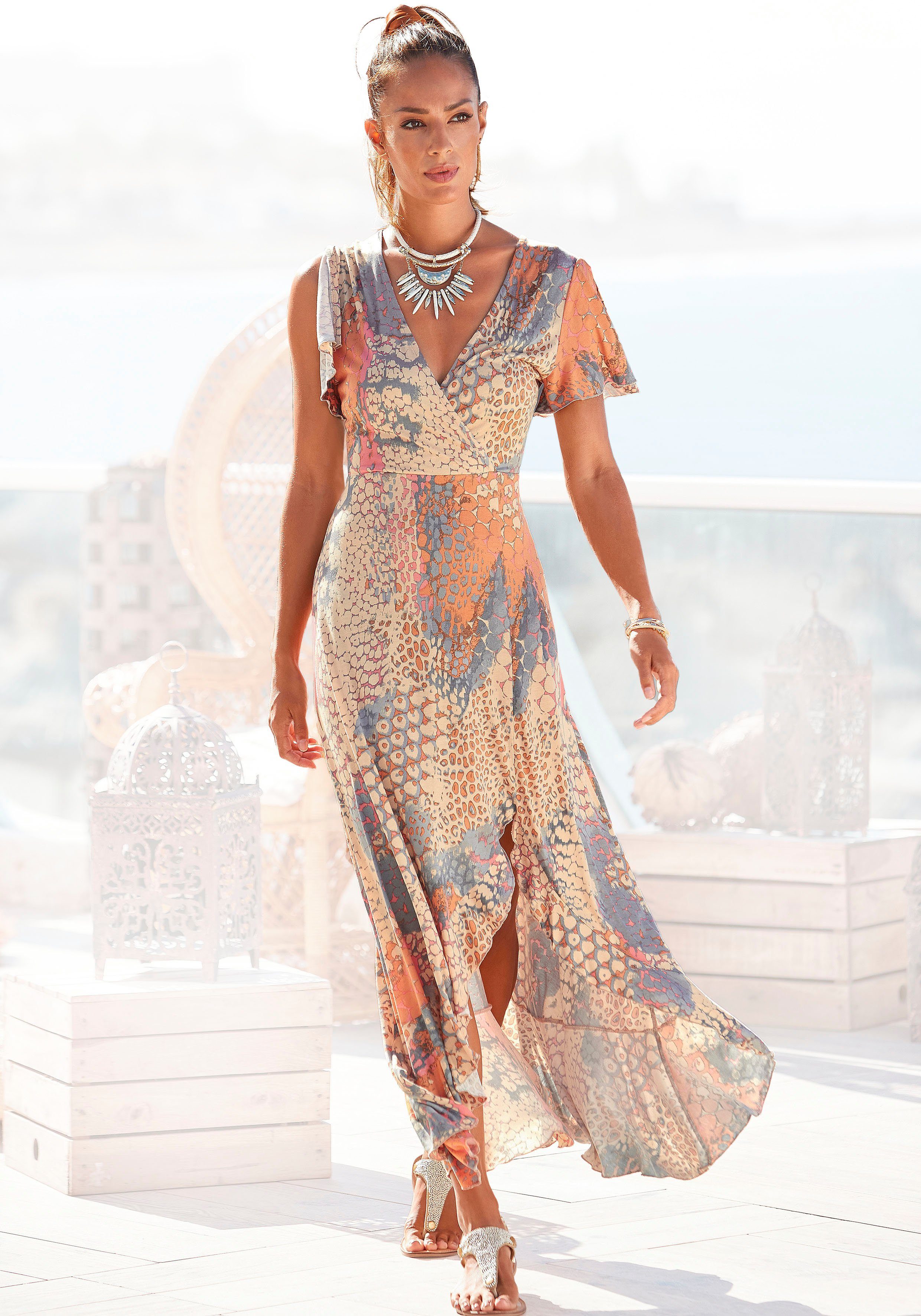 Buffalo Maxikleid, mit Animalprint, Schlitz und Volant, Flügelärmel, Druckk günstig online kaufen