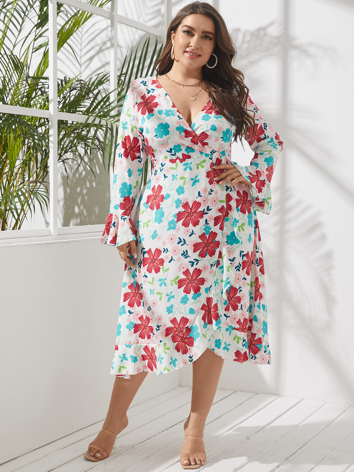 Plus Size V-Ausschnitt Blumendruck Wickeldesign Lange Ärmel Kleid günstig online kaufen