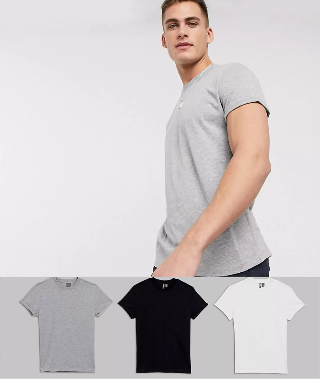 ASOS DESIGN – T-Shirt mit Rundhalsausschnitt und Rollärmeln im 3er-Pack-Meh günstig online kaufen