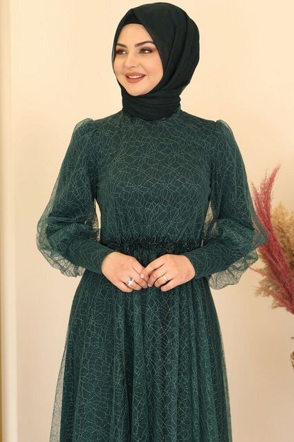 fashionshowcase Abendkleid silbriges Tüllkleid Abiye Abaya Hijab Kleid Maxi günstig online kaufen