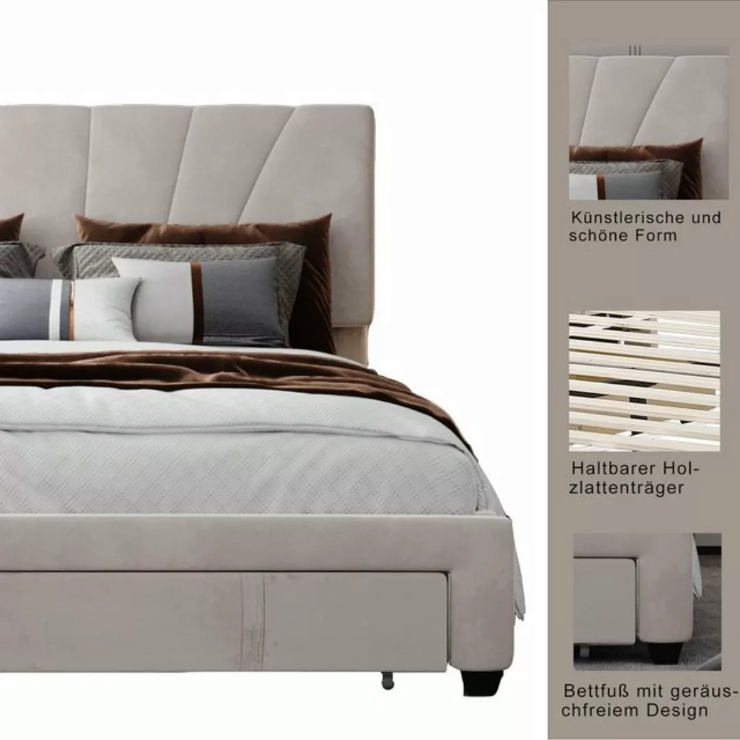 OKWISH Polsterbett Doppelbett mit Lattenrost, Rückenlehne und großer Schubl günstig online kaufen