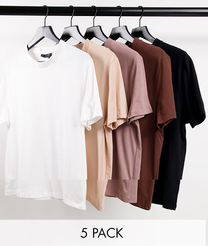 ASOS DESIGN – 5er-Pack T-Shirts aus Bio-Baumwolle in mehreren Farben mit Ru günstig online kaufen