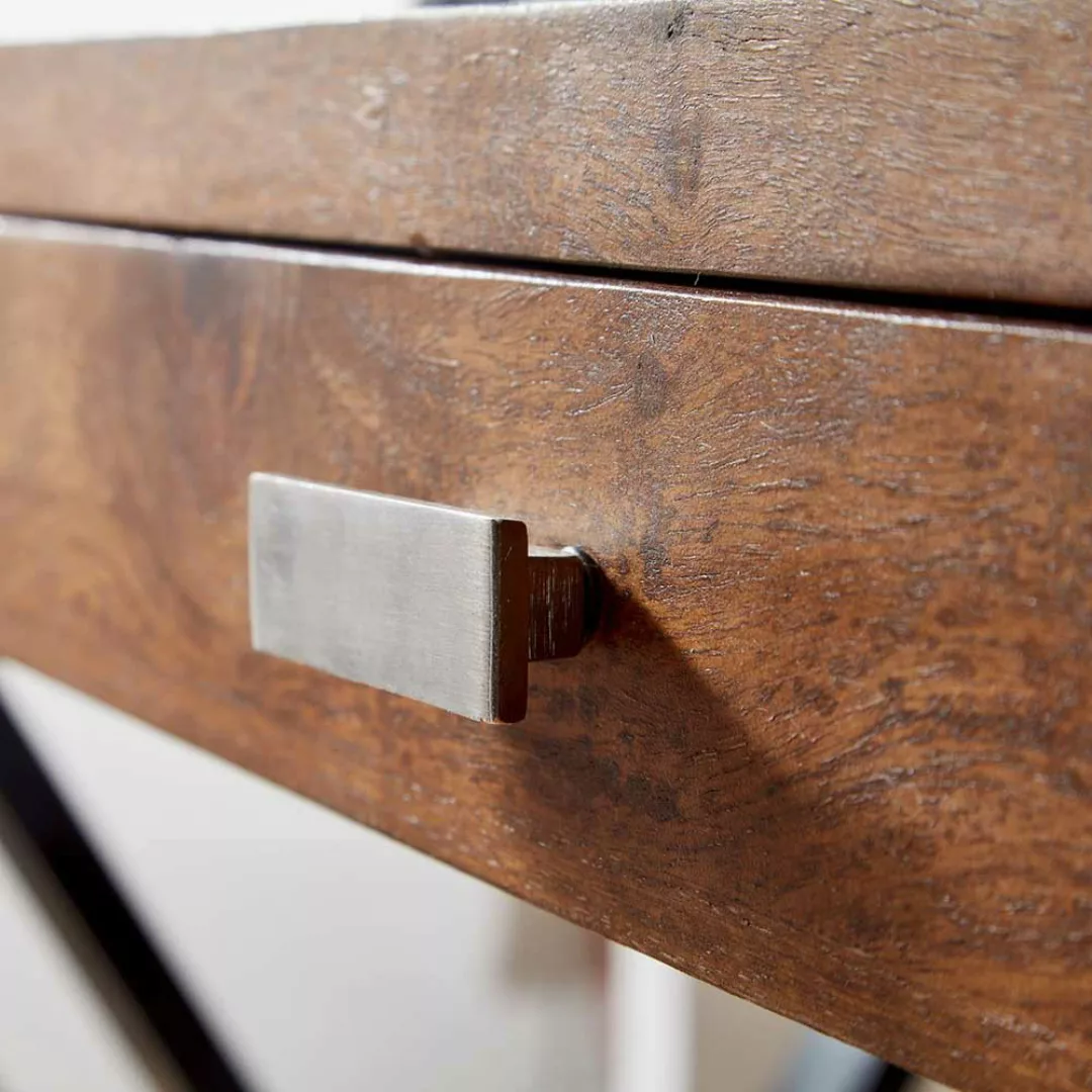Design Schreibtisch aus Sheesham Massivholz und Stahl 120 cm breit günstig online kaufen
