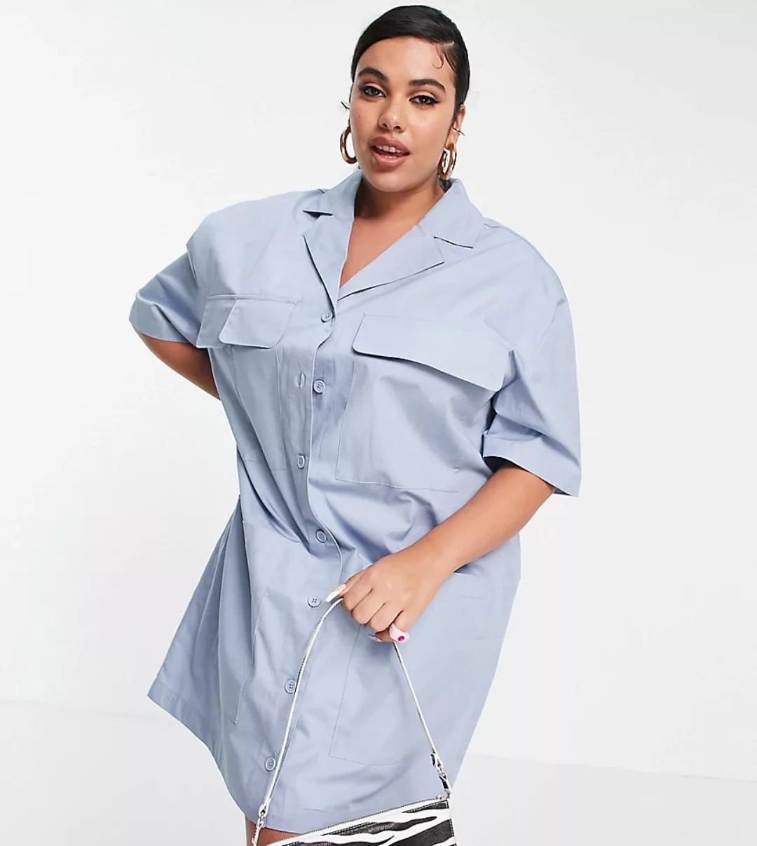 COLLUSION Plus – Mini-Hemdkleid mit Reverskragen in Blau günstig online kaufen