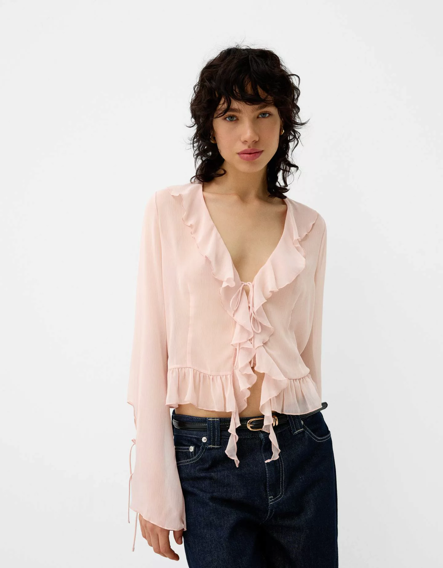 Bershka Hemd Mit Langen Ärmeln Und Volants Aus Chiffon Damen L Rosa günstig online kaufen