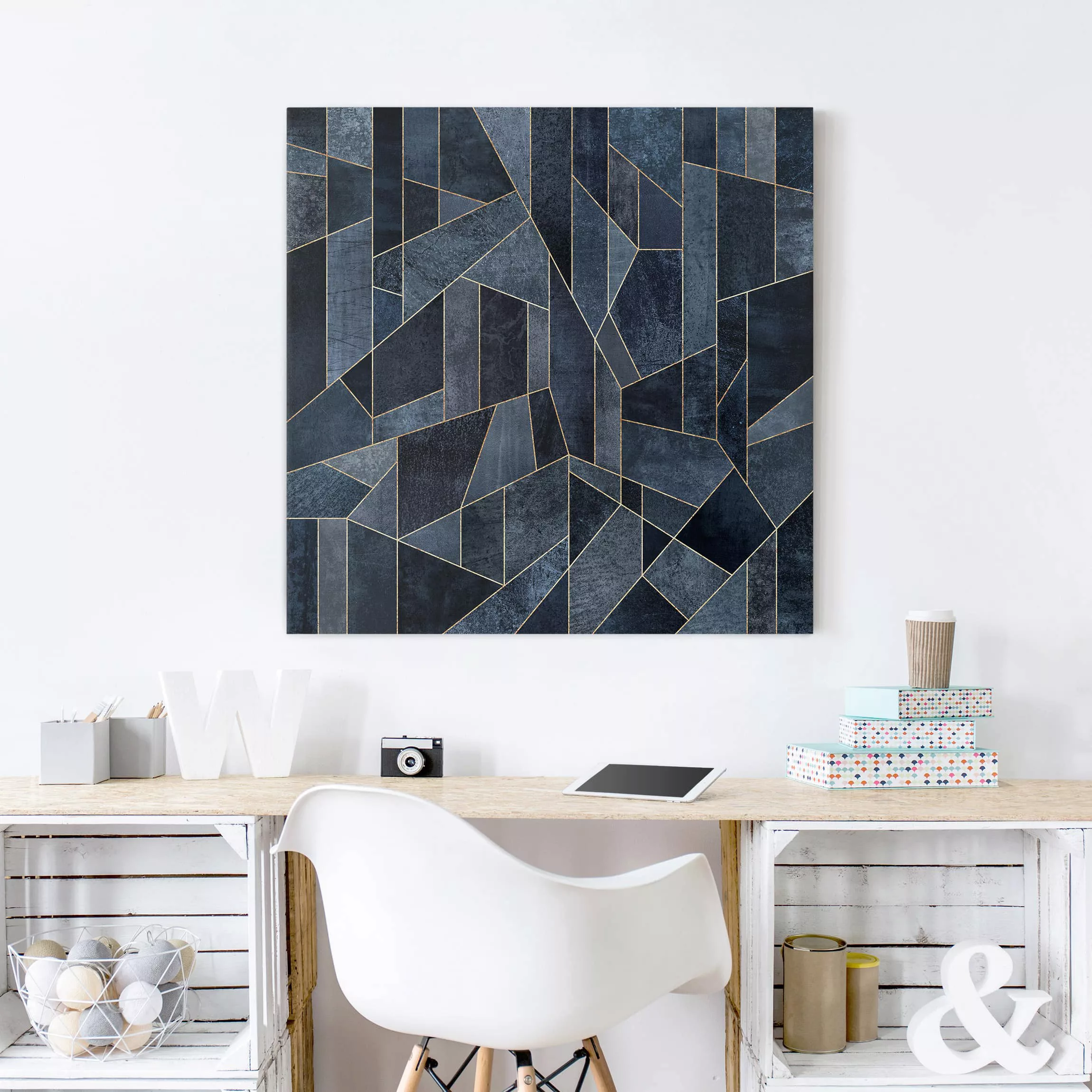 Leinwandbild Abstrakt - Quadrat Blaue Geometrie Aquarell günstig online kaufen