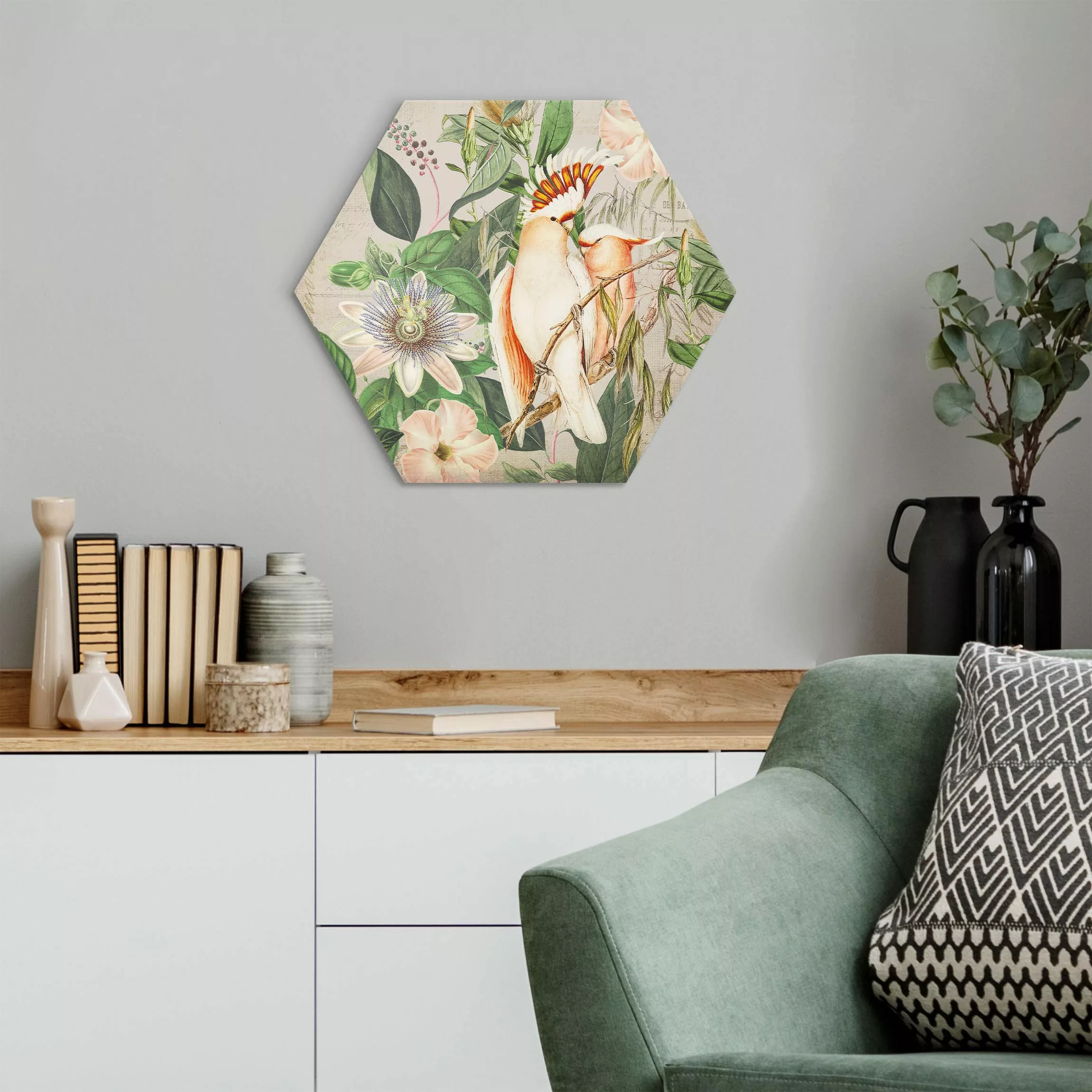 Hexagon-Alu-Dibond Bild Colonial Style Collage - Rosa Kakadu günstig online kaufen