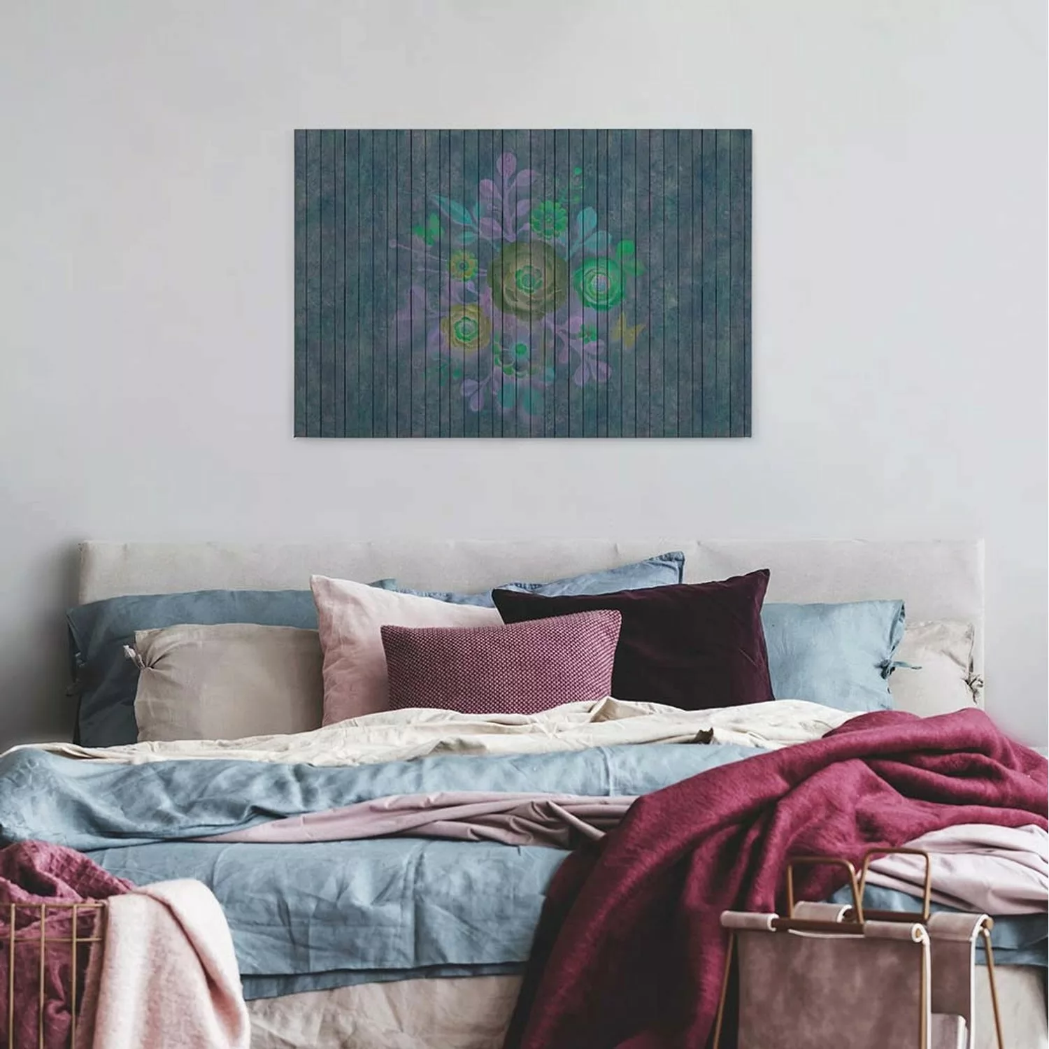 Bricoflor Blumen Leinwand Bild In Blau Und Grün Modernes Wandbild Mit Holz günstig online kaufen