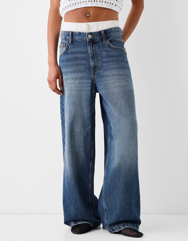 Bershka Baggy-Jeans Mit Unterwäsche-Detail Bskteen 34 Blau günstig online kaufen