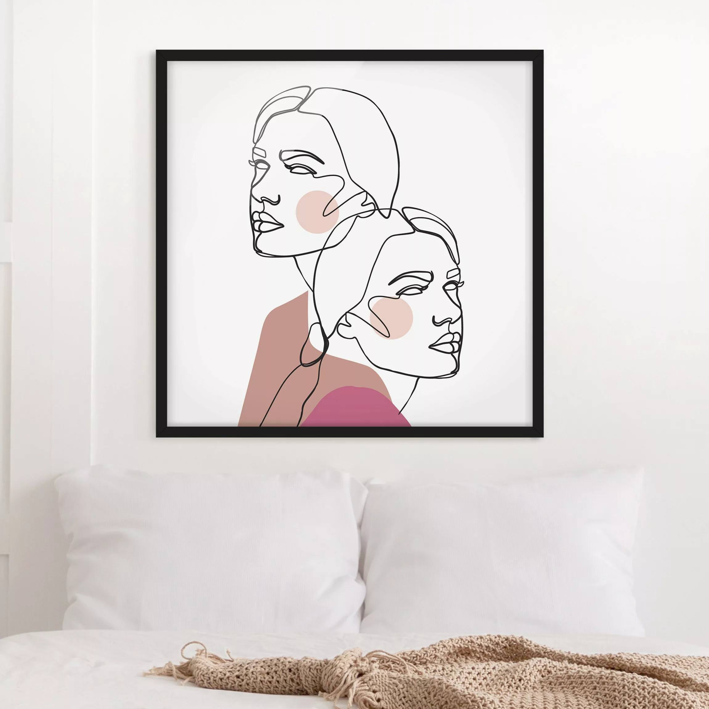 Bild mit Rahmen - Quadrat Line Art Frauen Portrait Wangen Rosa günstig online kaufen