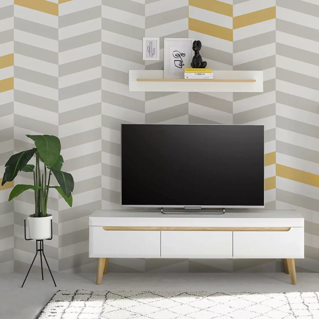 Wohnzimmer TV-Lowboard und Wandboard in Weiß Matt mit Eiche STOCKTON-61, 2- günstig online kaufen