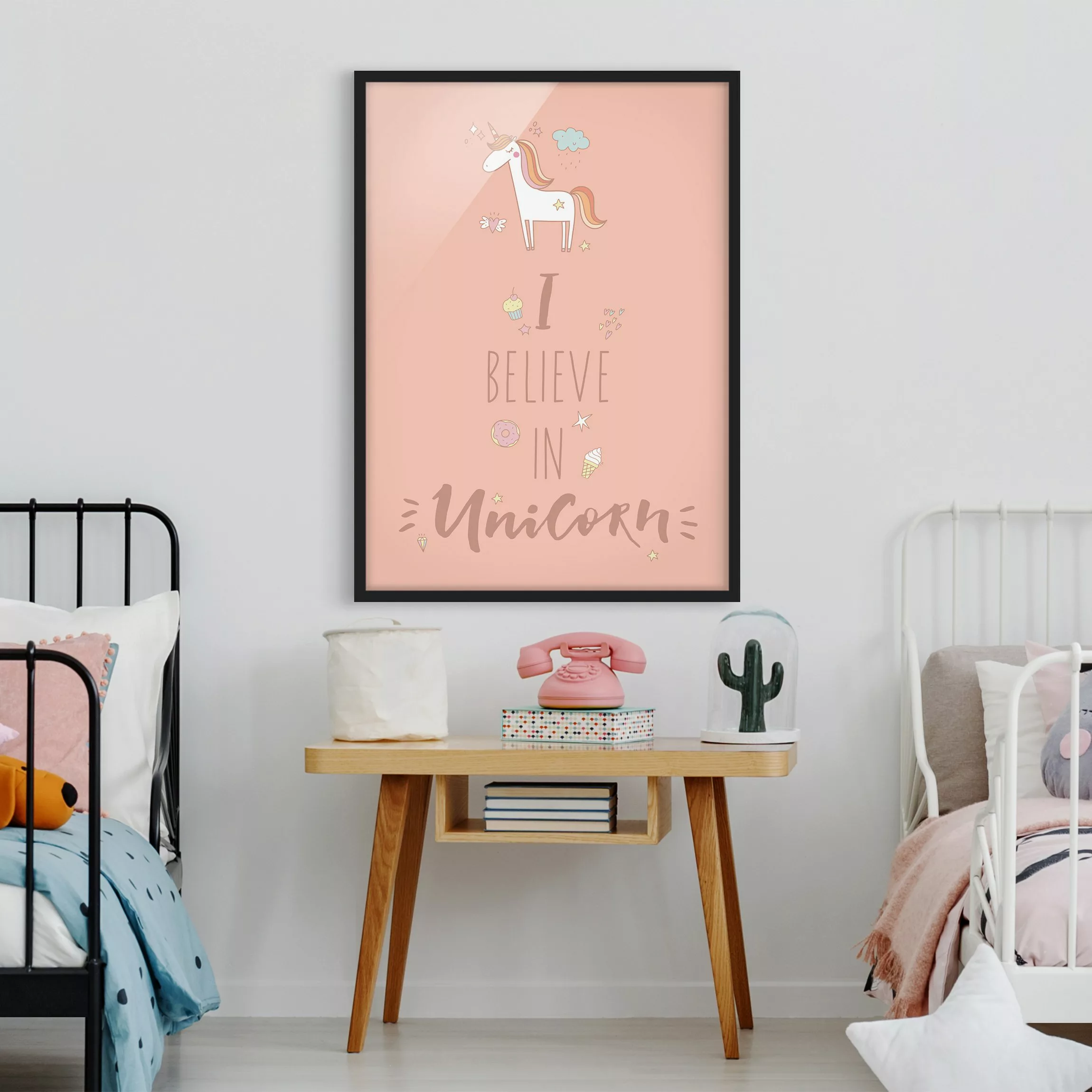 Bild mit Rahmen Spruch - Hochformat I believe in Unicorn günstig online kaufen