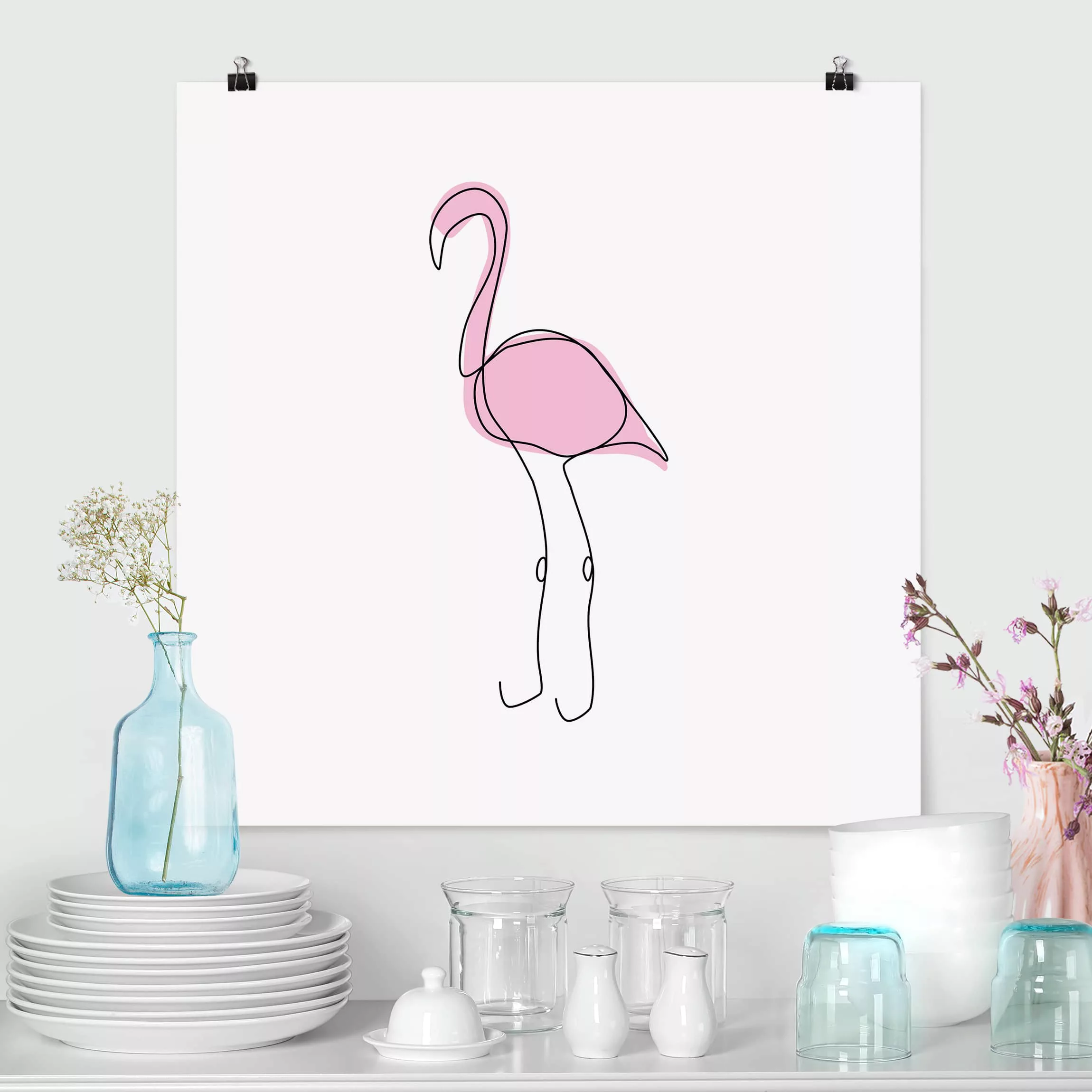 Poster Tiere - Quadrat Flamingo Line Art günstig online kaufen
