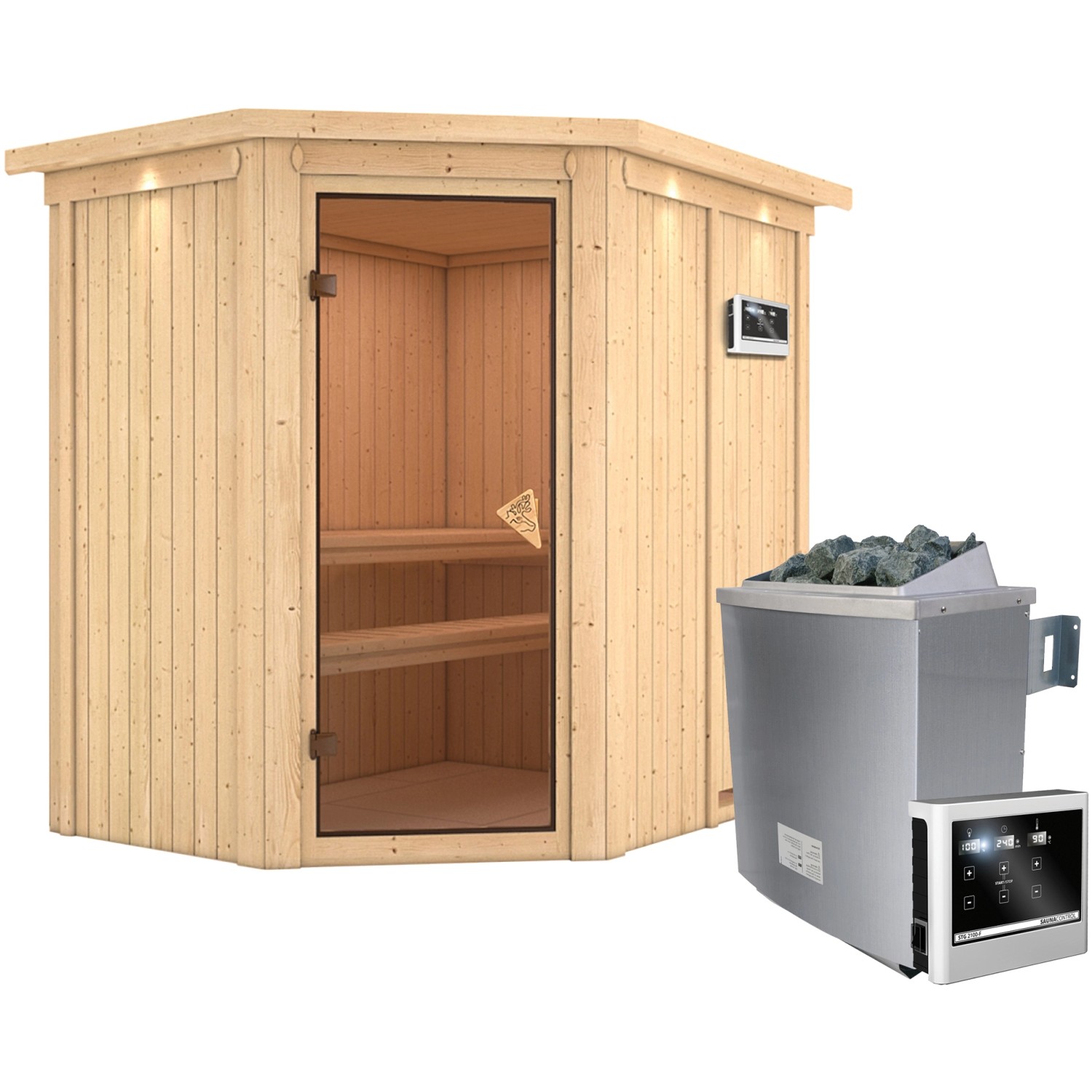 Karibu Sauna-Set Cleo inkl. Edelstahl-Ofen 9 kW mit ext. Steuerung, Dachkra günstig online kaufen