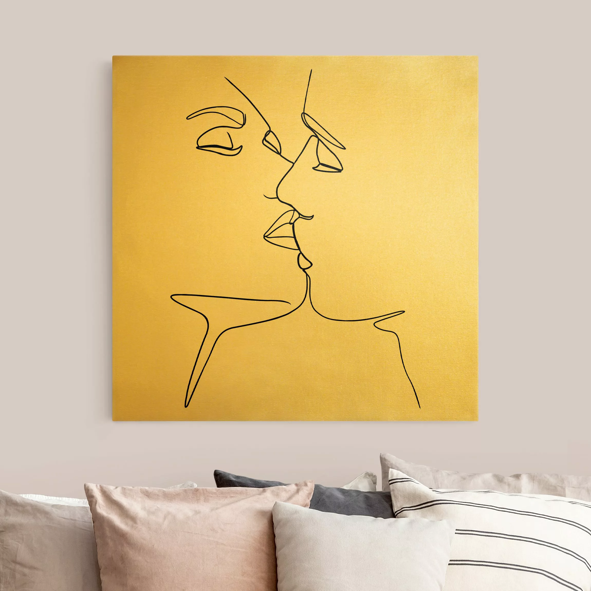 Leinwandbild Gold Line Art Kuss Gesichter Schwarz Weiß günstig online kaufen