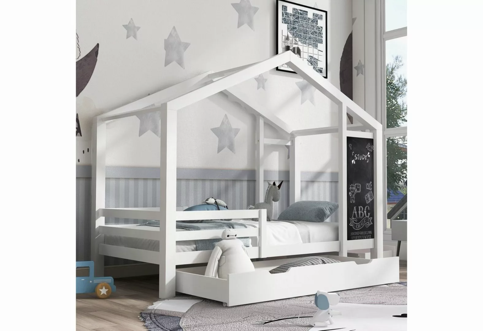 Odikalo Kinderbett Holzbett mit Tafel,Schubladen, Massivholz mit Zaun, Latt günstig online kaufen