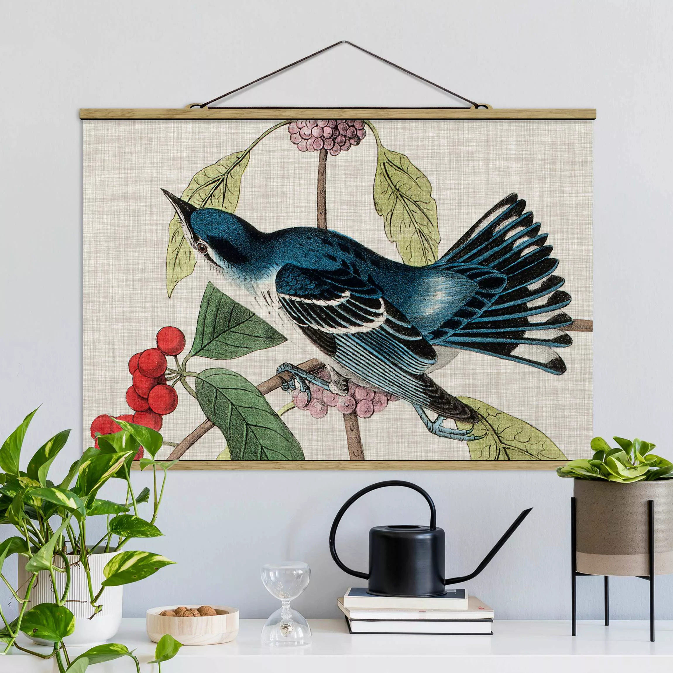 Stoffbild Blumen mit Posterleisten - Querformat Vogel auf Leinen Rosa II günstig online kaufen