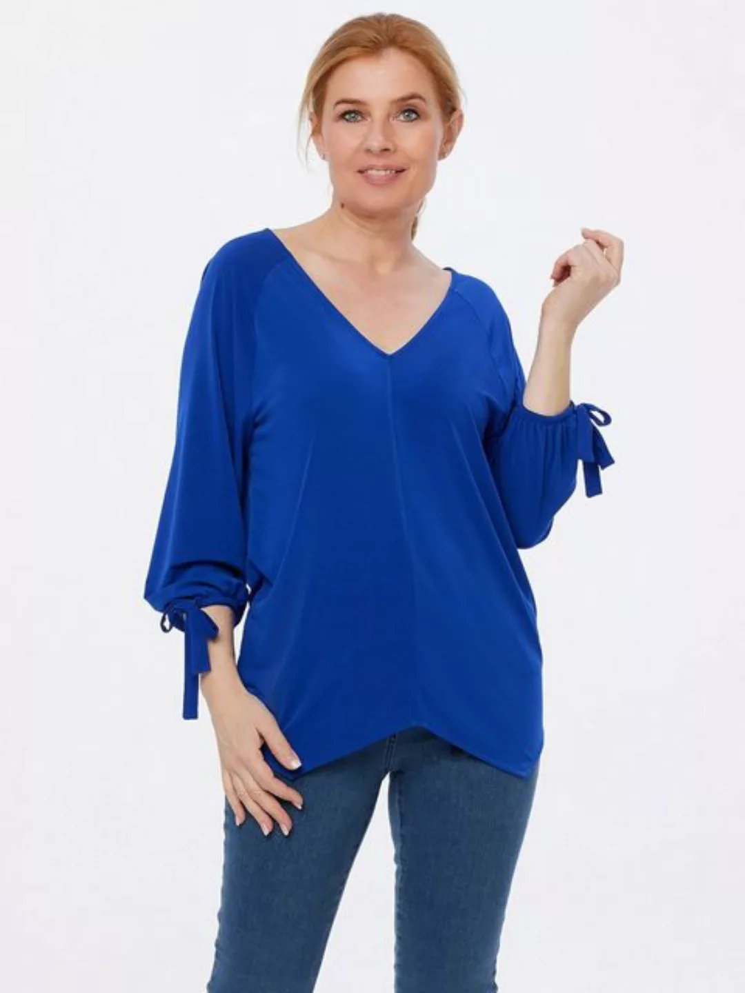 MONACO blue Schlupfbluse V-Shirt figurumspielend mit Asymetrischer Saum günstig online kaufen