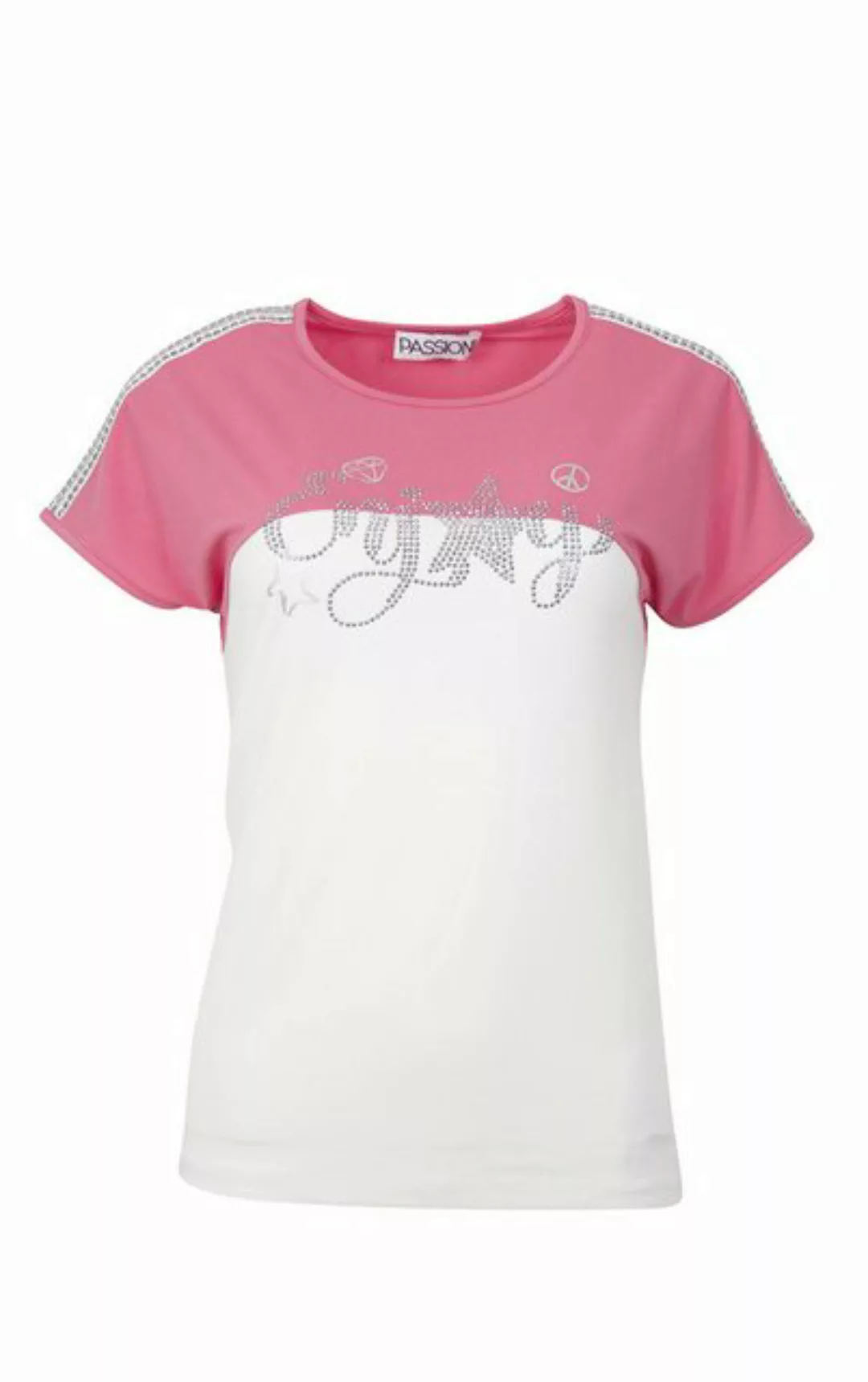 Passioni T-Shirt in Pink-Weiß mit Glitzerschriftzug und Streifen mit silber günstig online kaufen