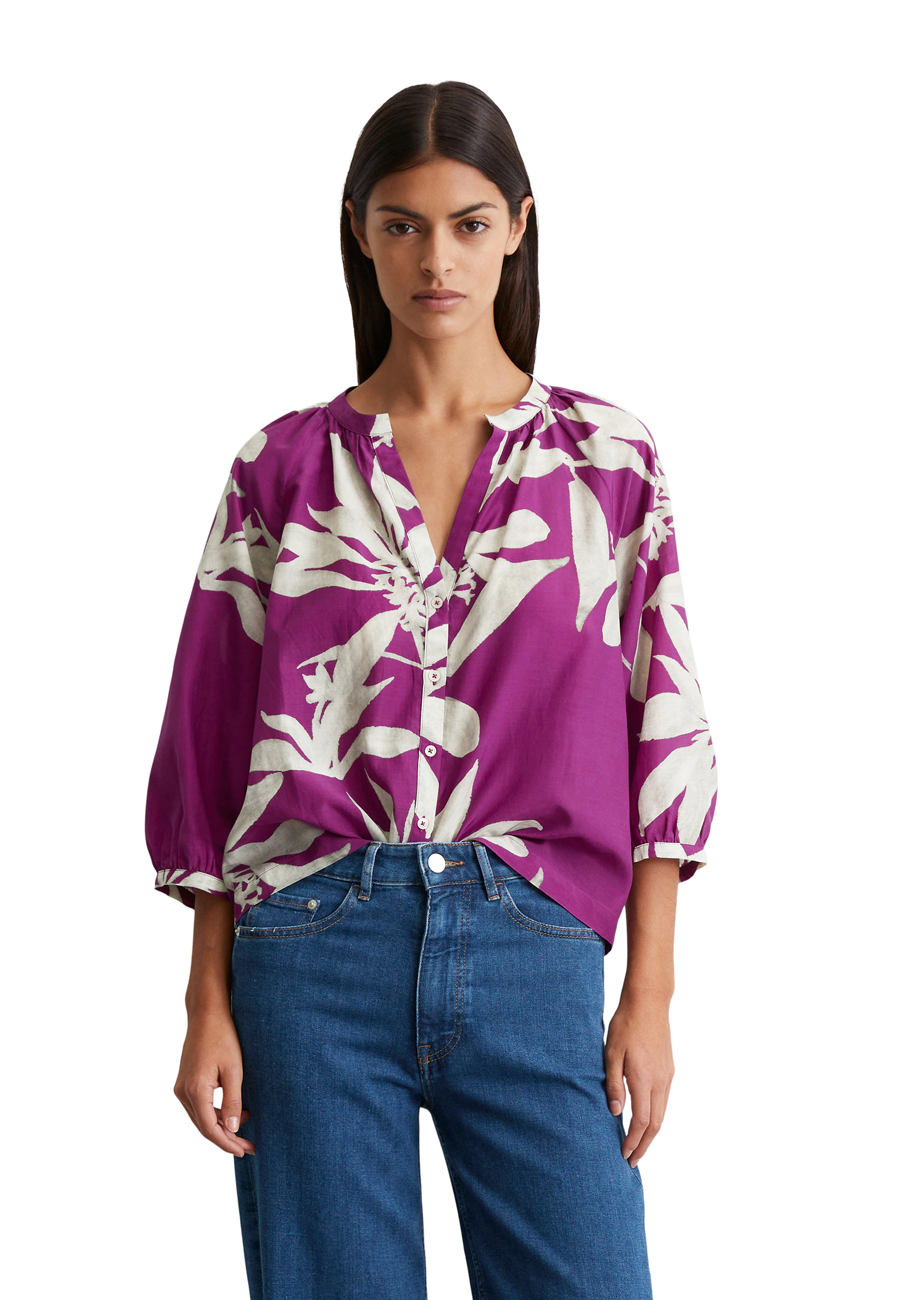 Marc OPolo Druckbluse, V-Ausschnitt und Raffung, Print günstig online kaufen