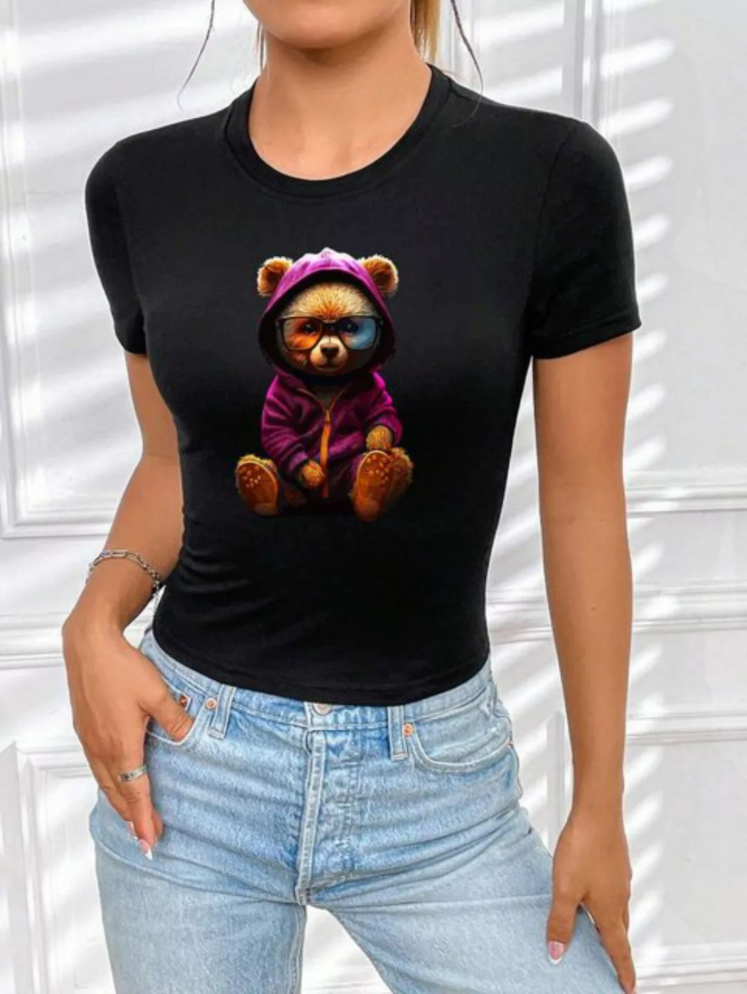 RMK Print-Shirt Damen T-Shirt Top Sommer Rundhals süßer Teddybär Bär Brille günstig online kaufen