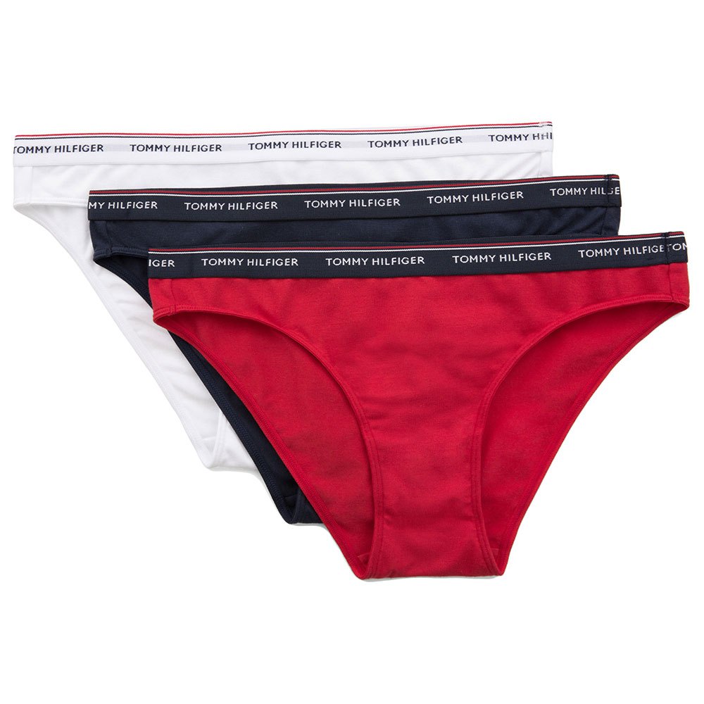 Tommy Hilfiger – Essentials – 3er-Pack Slips in Bikiniform in Rot, Weiß und günstig online kaufen