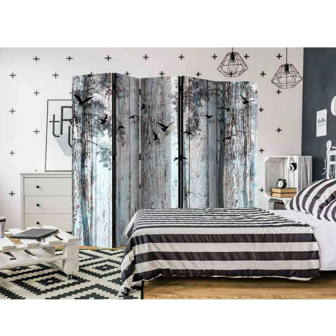 Schlafzimmer Raumteiler mit Wald Motiv und Vögeln Grau und Schwarz günstig online kaufen