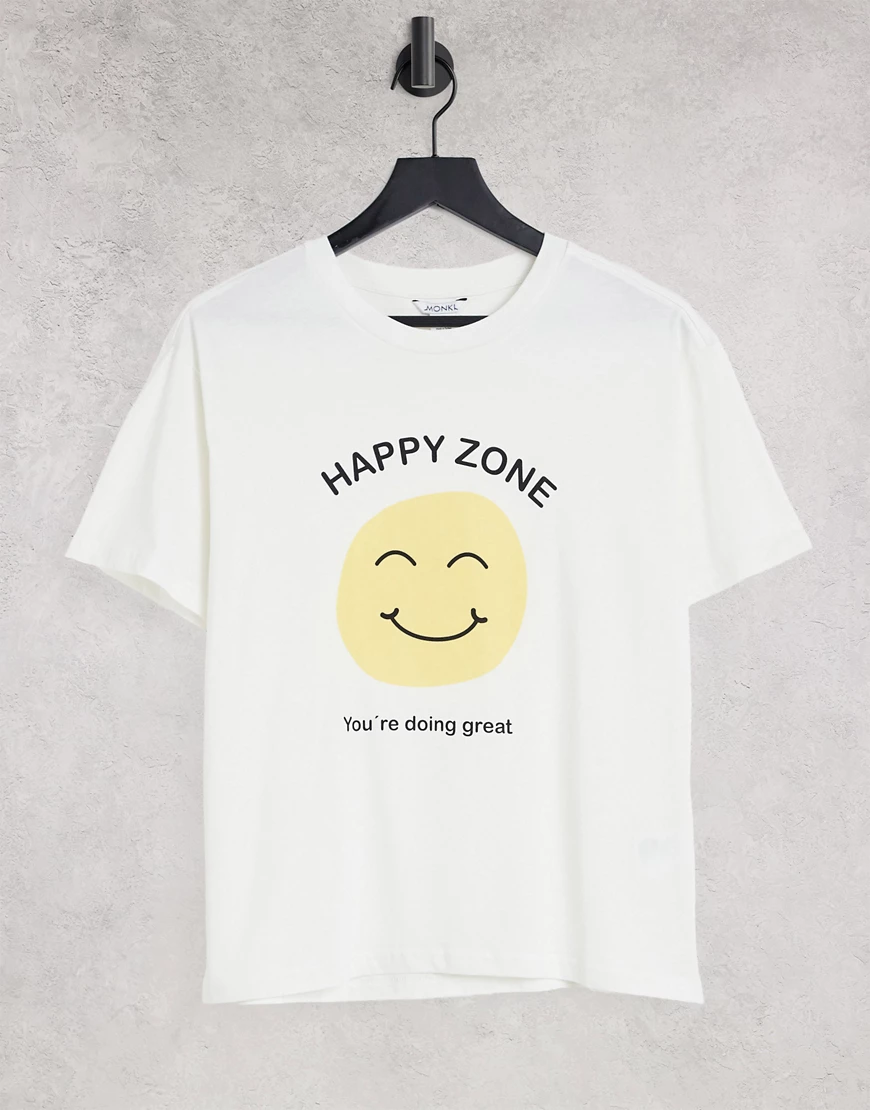 Monki – Mai – Oversize-T-Shirt aus Bio-Baumwolle in gebrochenem Weiß mit Sm günstig online kaufen