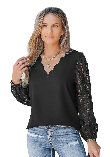 Cupshe Spitzenbluse V-Ausschnitt Bluse mit floraler Spitze mit Wellenschlif günstig online kaufen