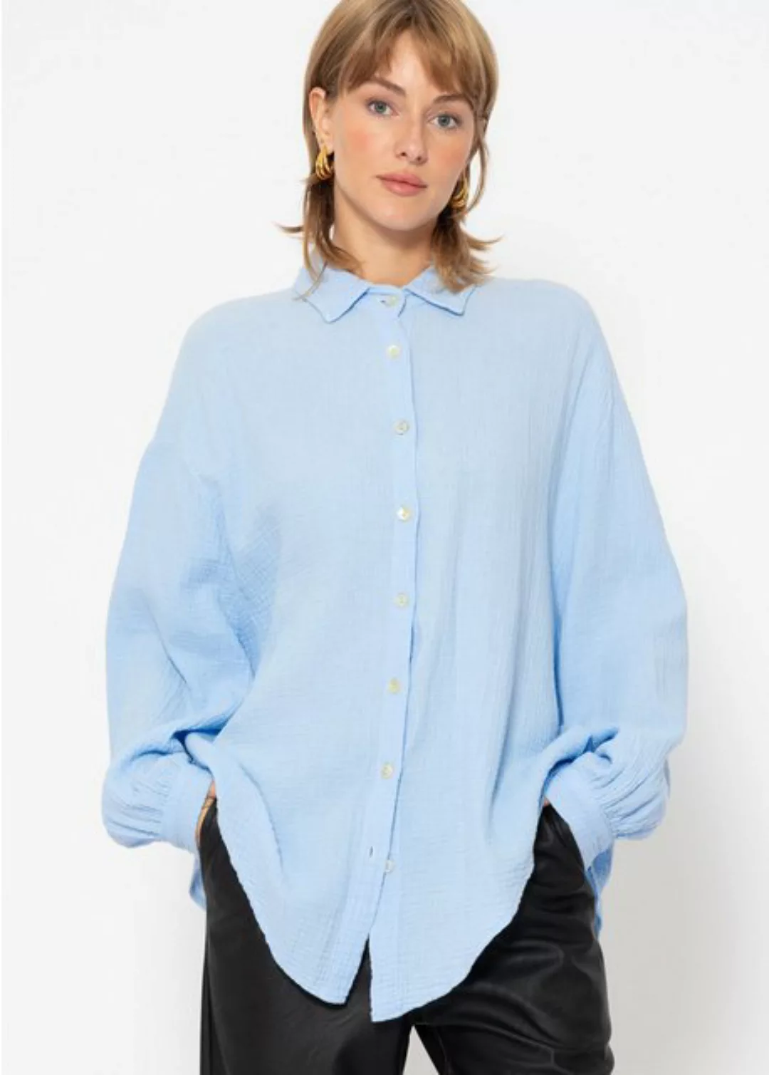 SASSYCLASSY Longbluse Oversize Musselin Bluse Damen kurz Langarm Elegant He günstig online kaufen