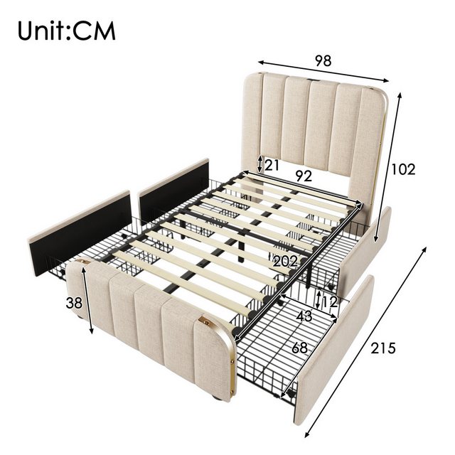 Flieks Polsterbett, Einzelbett 90x200cm mit USB/Typ-C Ladefunktion und 4 Sc günstig online kaufen