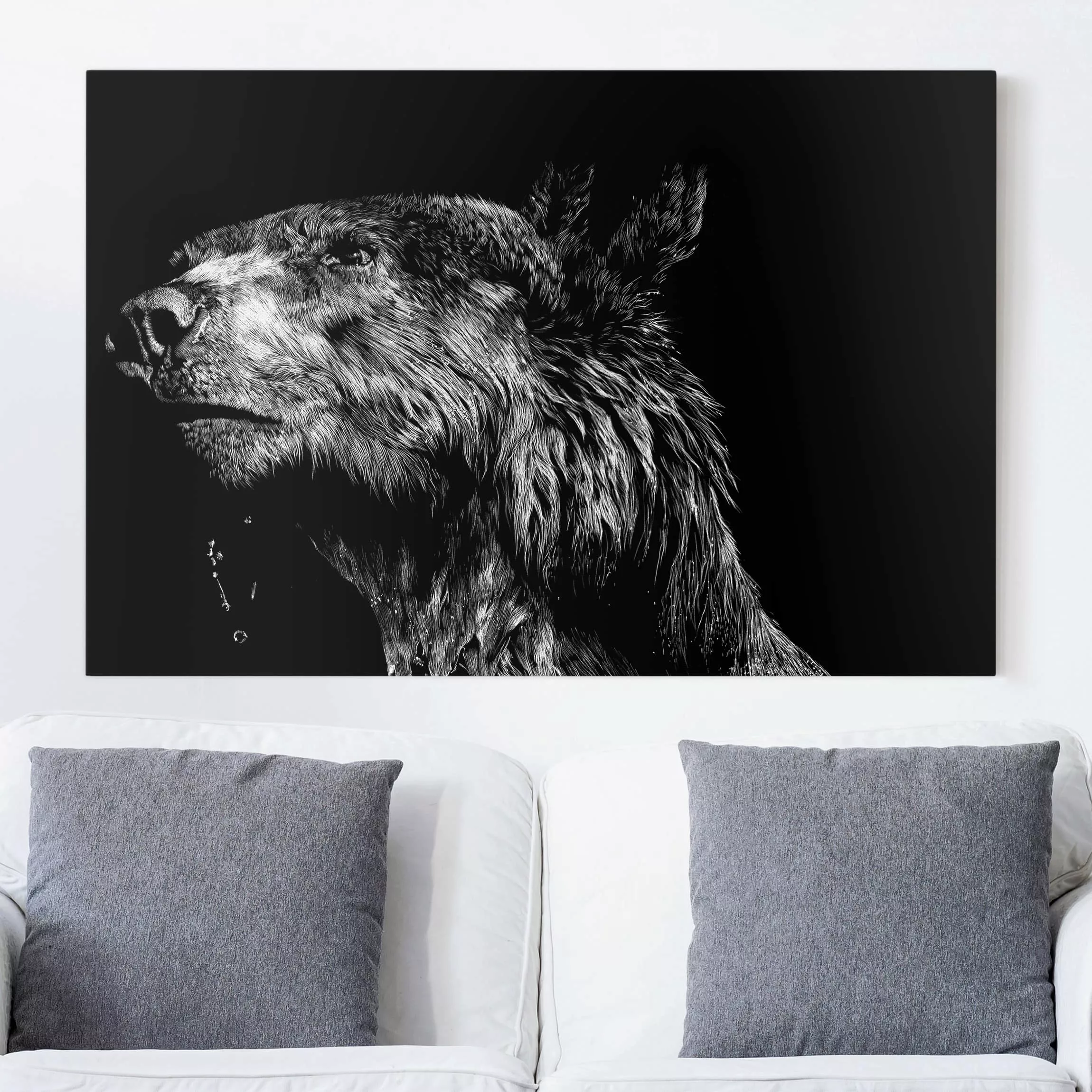 Leinwandbild Schwarz-Weiß - Querformat Bär vor Schwarz günstig online kaufen