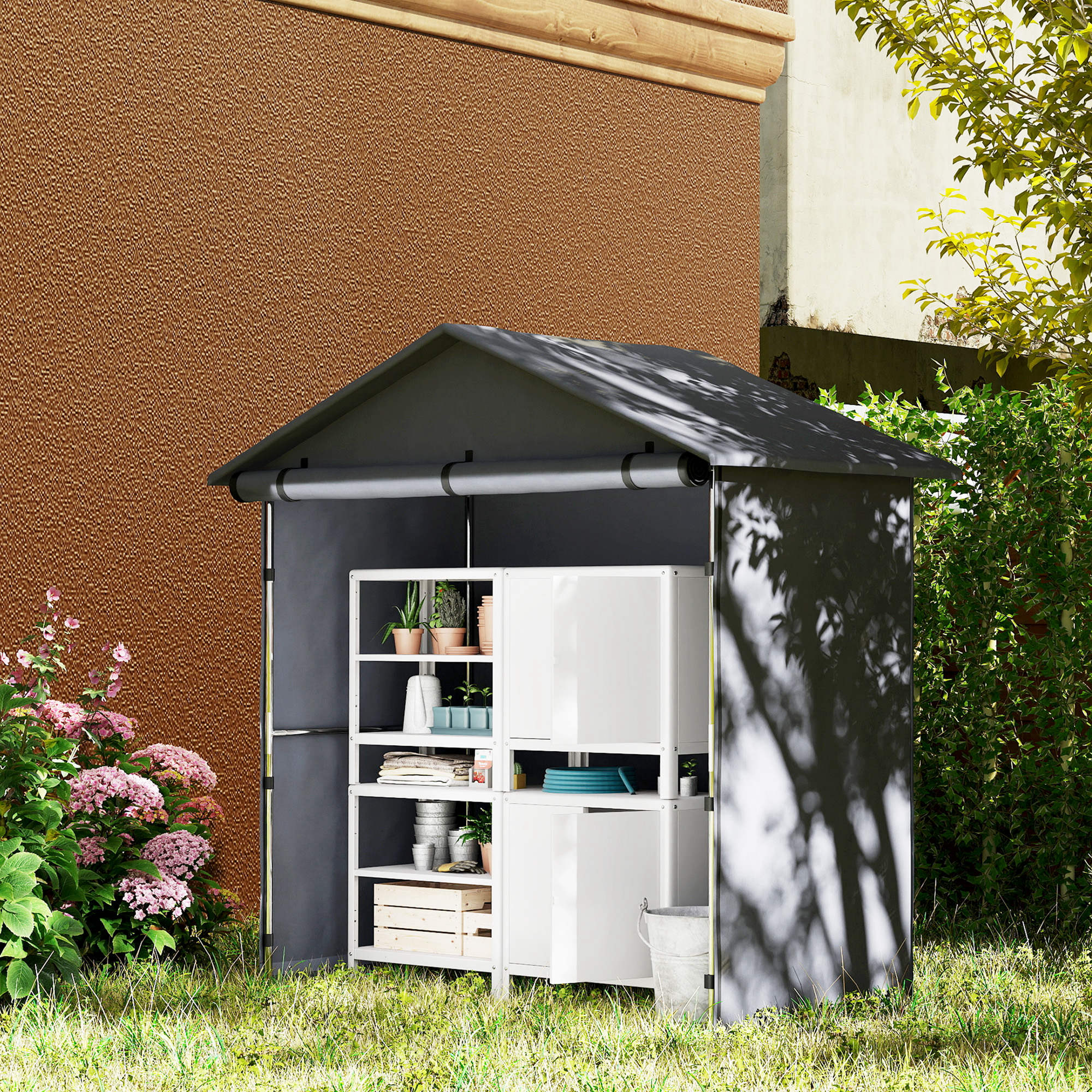 Outsunny Gartenhaus 1,1x2 m mit aufrollbarem Eingang, Spannseilen und Herin günstig online kaufen