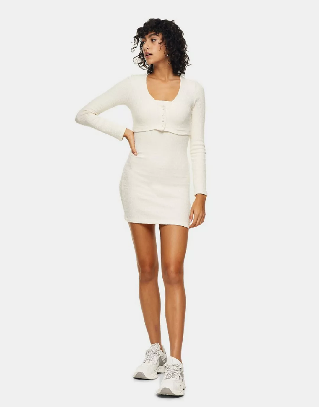 Topshop – Geripptes Kleid im Strickjacken-Stil in Weiß günstig online kaufen