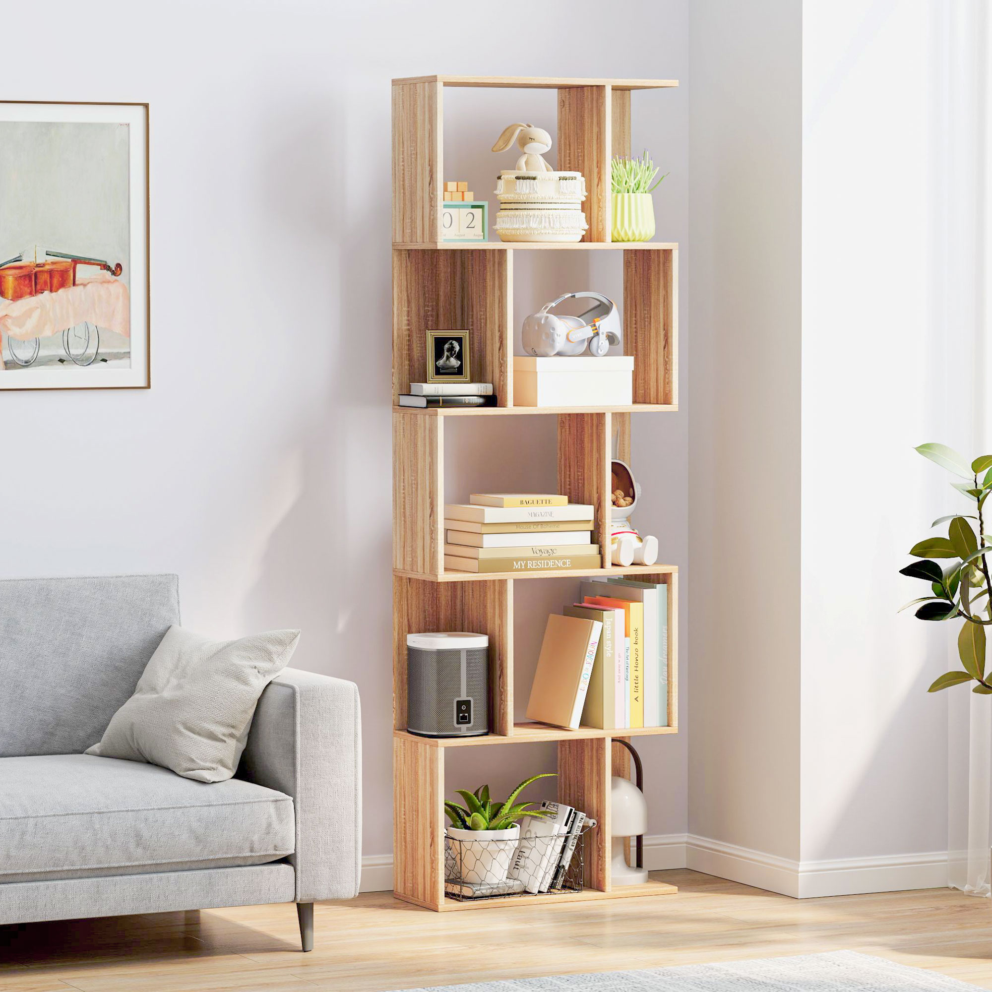 HOMCOM Bücherregal mit 5 geteilten Regalen, platzsparendes Holzregal in S-F günstig online kaufen