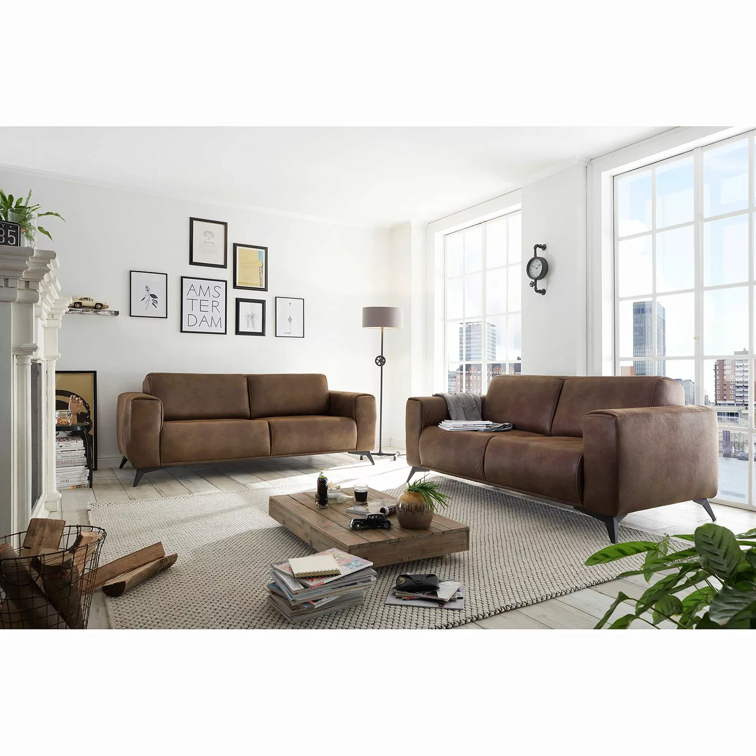 home24 Red Living Sofa Jandira 2-Sitzer Vintage Braun Microfaser 167x82x96 günstig online kaufen