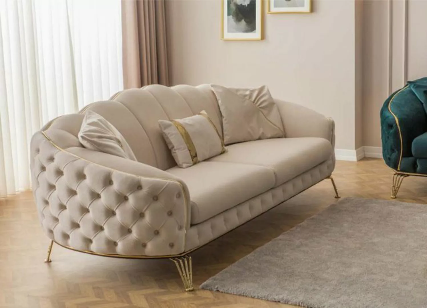 Xlmoebel 3-Sitzer Zeitgemäße Chesterfield Beige Wohnzimmer-Sofagarnitur x2 günstig online kaufen