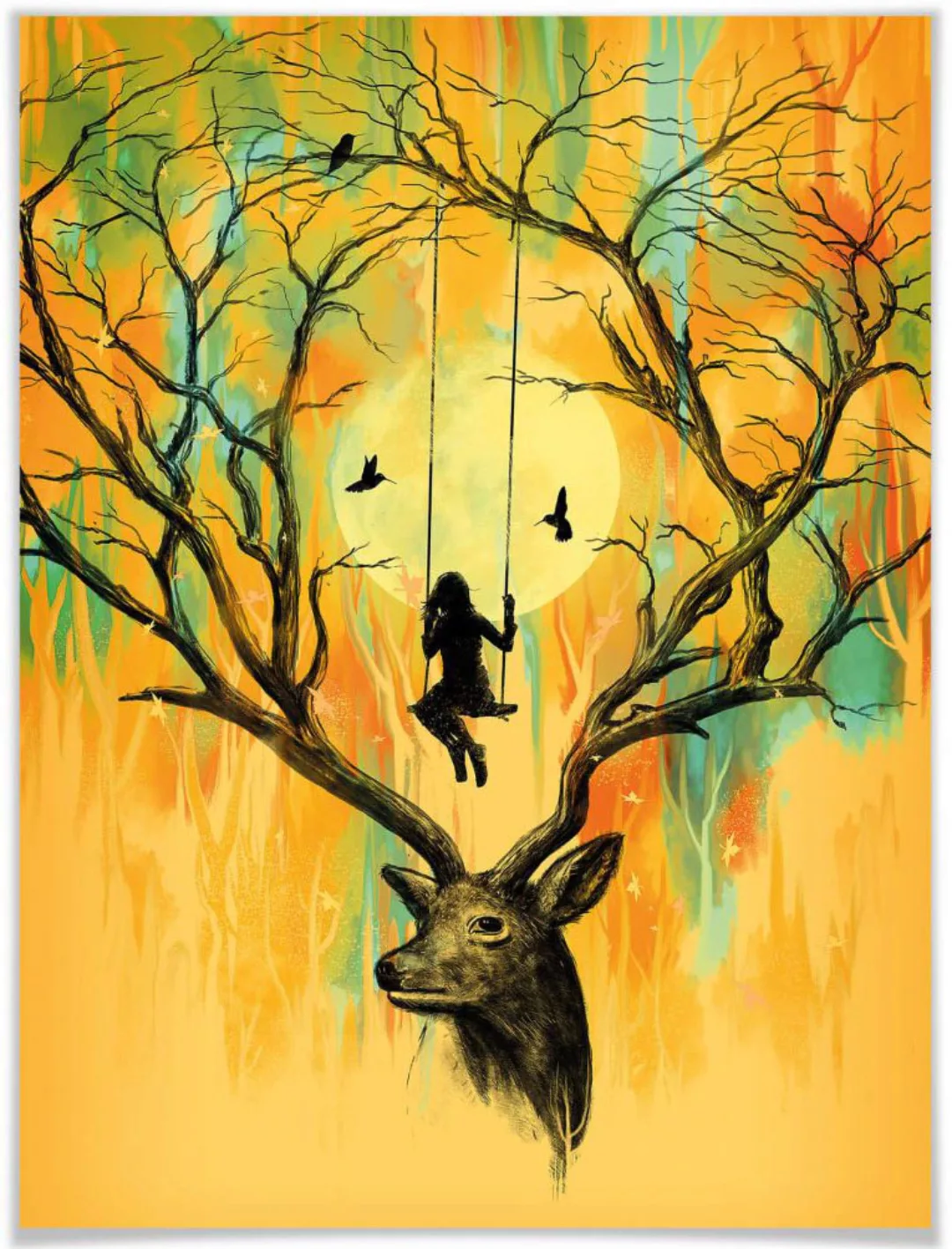 Wall-Art Poster "Orange Hirsch Geweih Schaukel", Tiere, (1 St.), Poster ohn günstig online kaufen