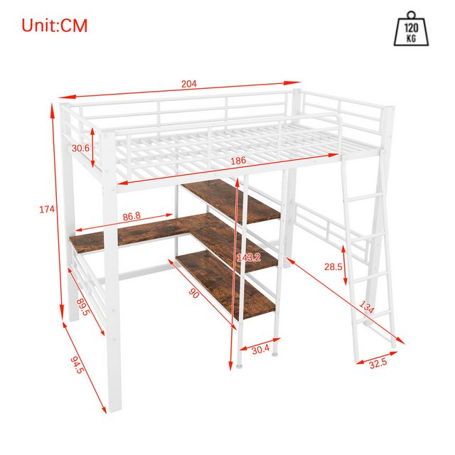 Flieks Hochbett Metallbett Kinderbett 90x200cm mit Schreibtisch Regale Gelä günstig online kaufen