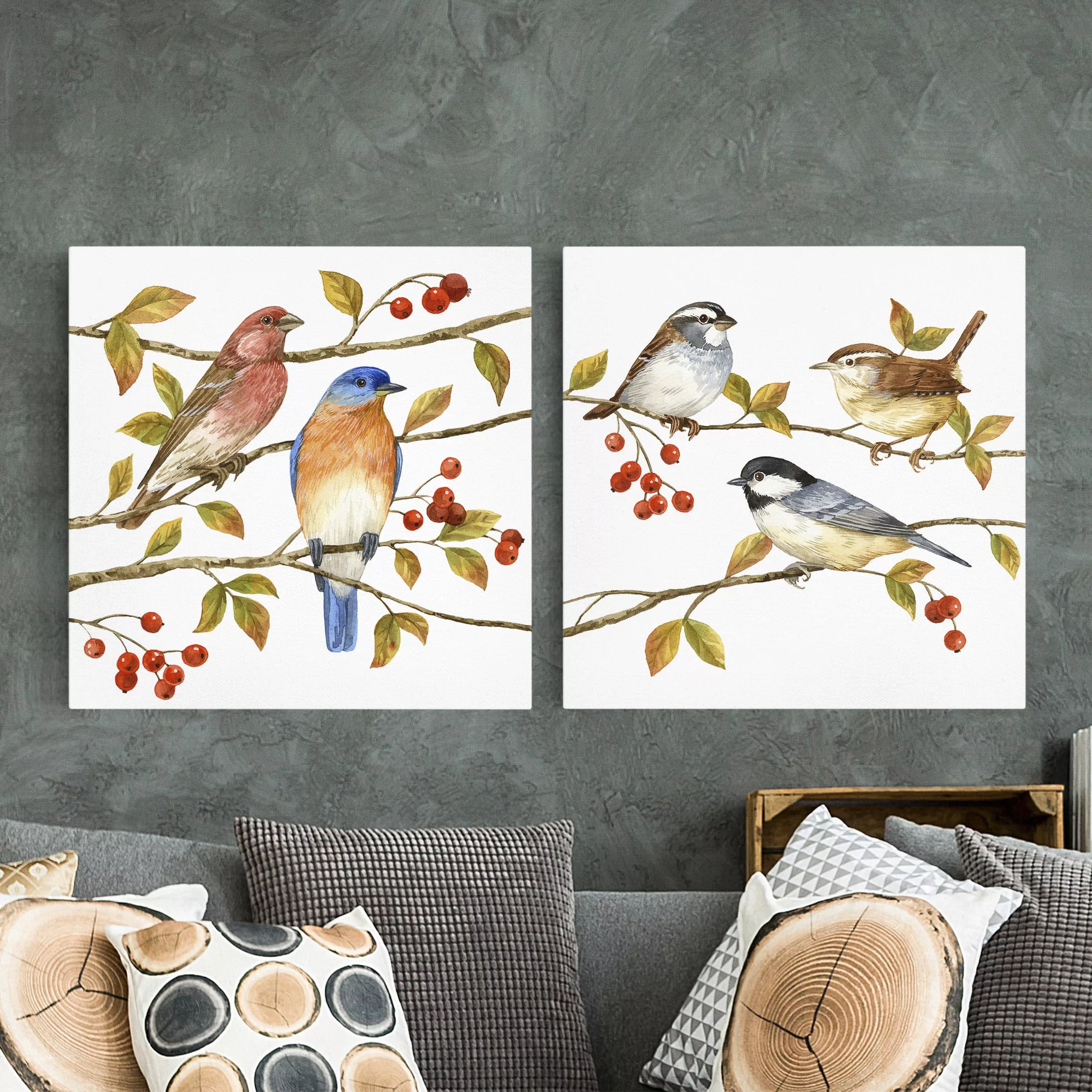2-teiliges Leinwandbild Tiere - Quadrat Vögel und Beeren Set I günstig online kaufen