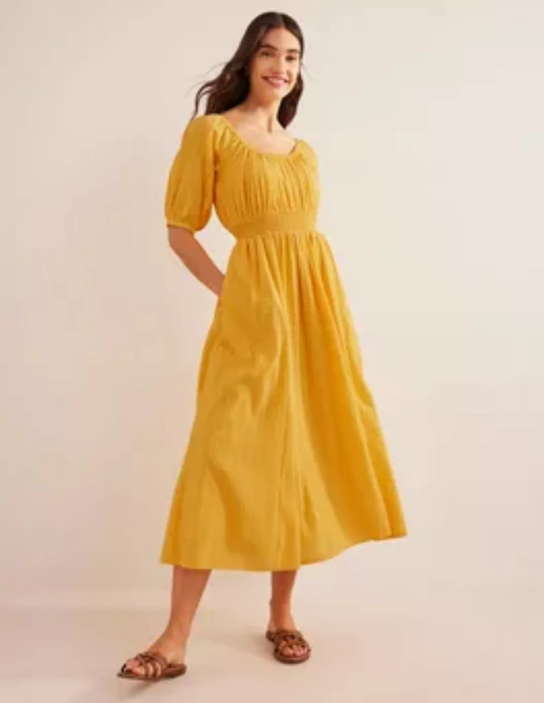 Maxikleid mit tiefem Rundhalsausschnitt Damen Boden, Gelb, Strukturiert günstig online kaufen