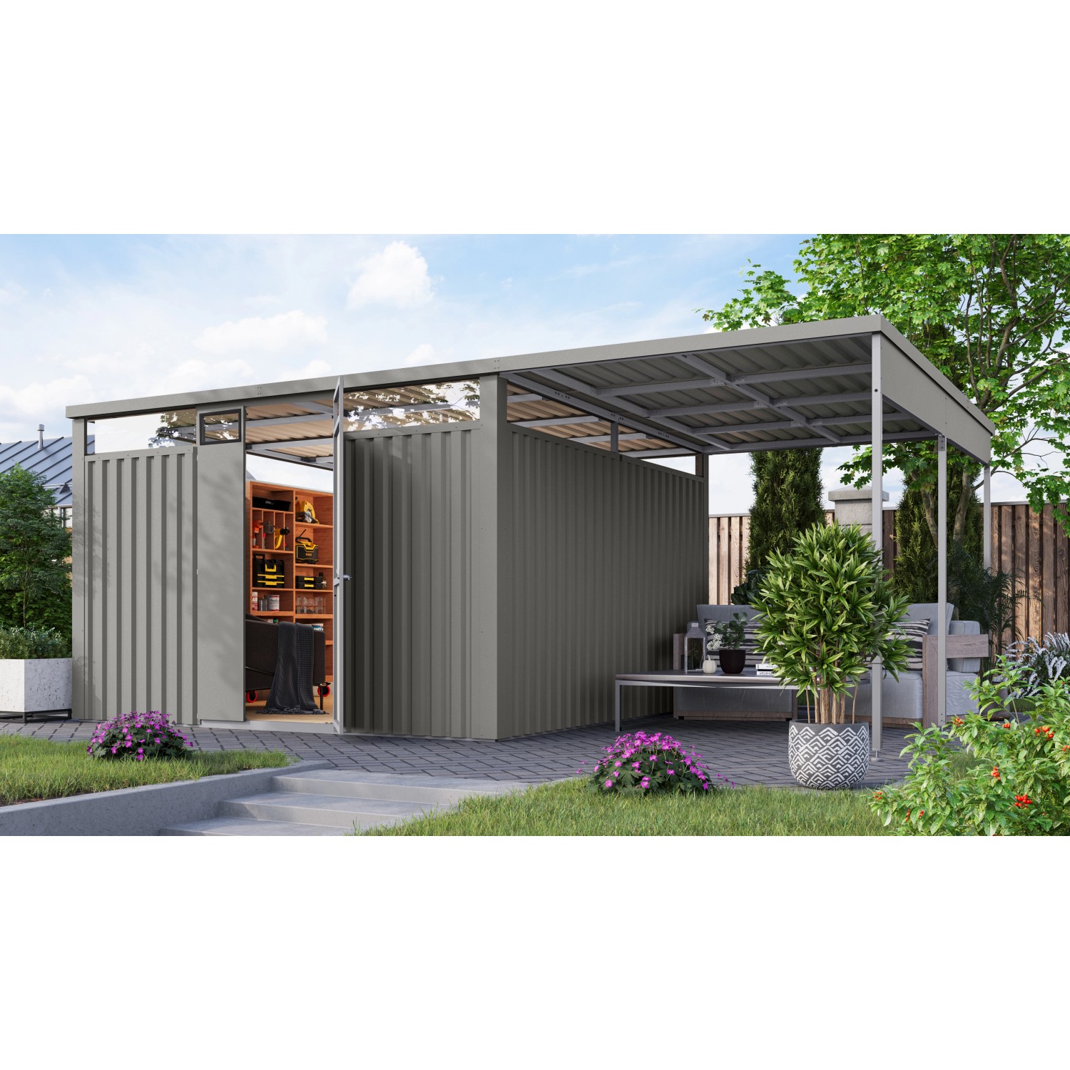 Karibu Metallgerätehaus Amato 3,5 m. Anbaudach Graualuminium 220 x 342 x 34 günstig online kaufen