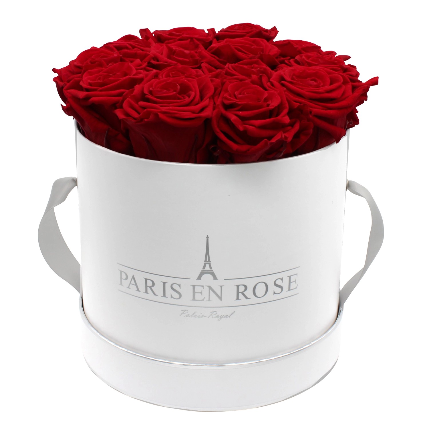 Rosenbox Ø 19 cm Weiß-Silber mit 14 Bordeaux Rosen günstig online kaufen