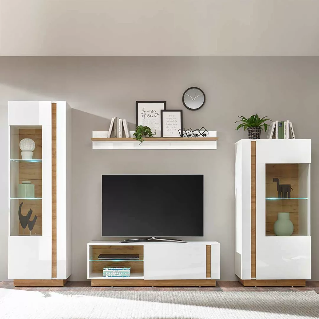 Skandi Design Wohnwand in Weiß und Wildeiche Optik 270 cm breit (vierteilig günstig online kaufen